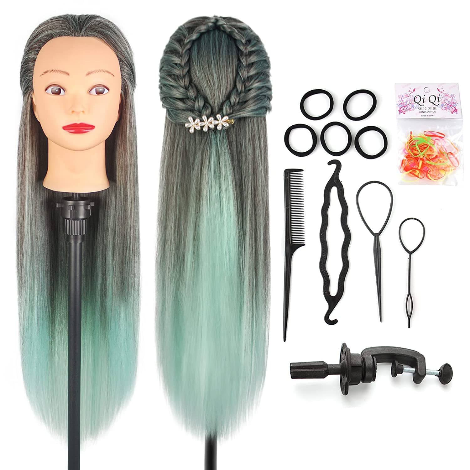 Hairdressing Head, Auzass Soft Training Head 100% Synthetic Fiber Hair Mannequin Dolls Head for Practicing Hairstyles with Table Clamp+Braiding Set, Presents for Girls Kids Hairdressers