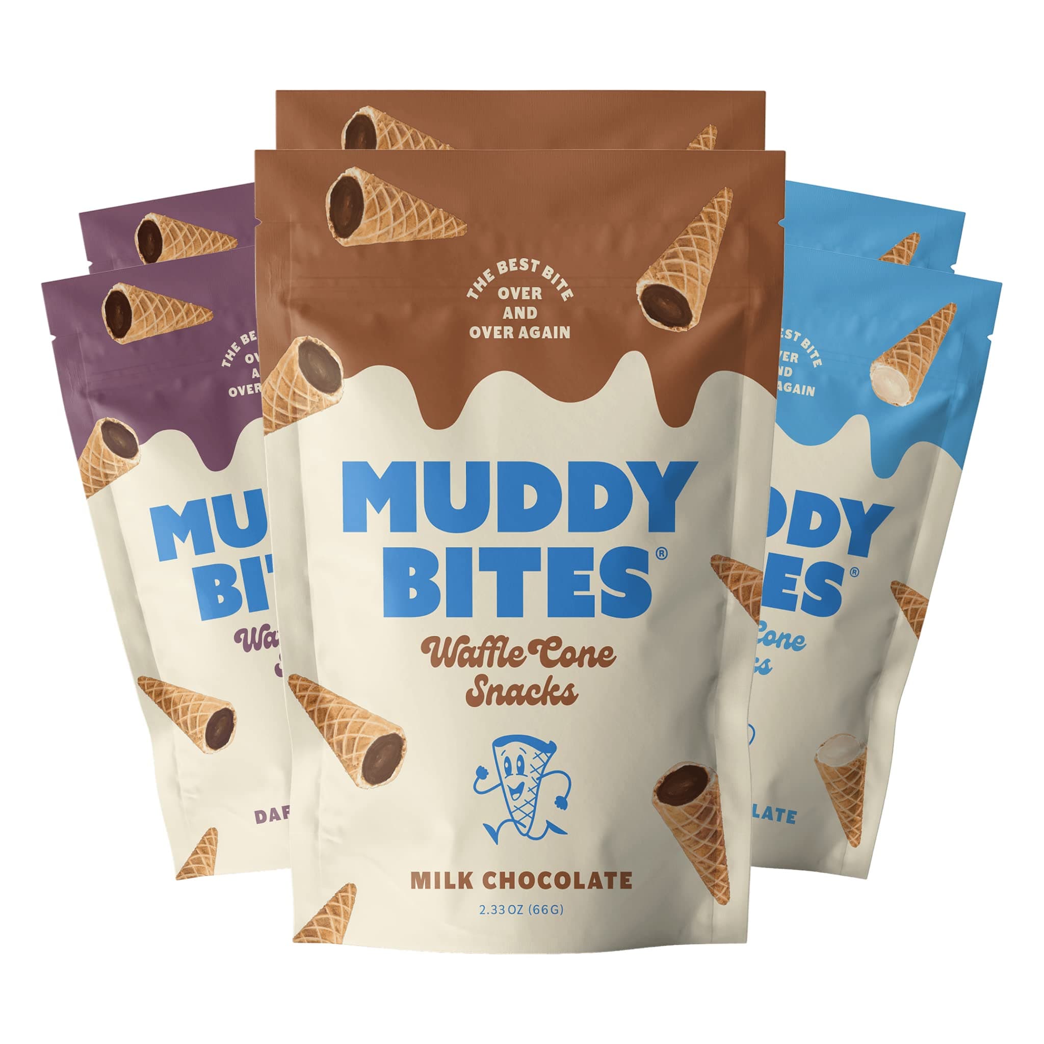 Muddy Bites Waffle Cone Snacks Bite Sized Filled Cone Bites for Snack or Dessert, Milk, Dark & White Chocolate, Made with Cane Sugar, Kosher, Fair Trade Certified (Variety Pack, 6 Bags)