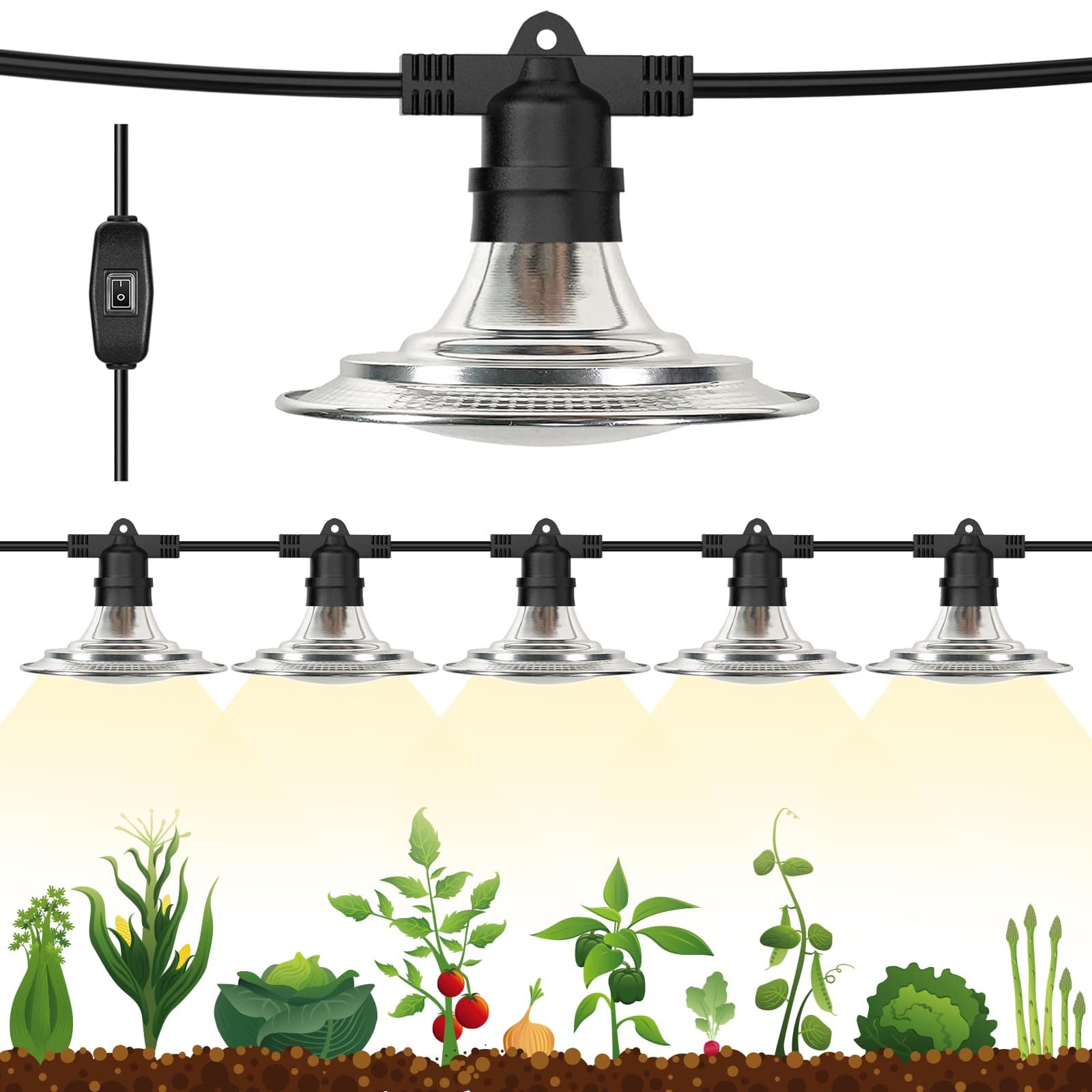 Espird Outdoor LED Grow Lights for Greenhouse 6-Light Waterproof String Grow Light, Full Spectrum LED Plant Grow Light Lamp, Waterproof Greenhouse Grow Lights for Seedling, Veg, Flower