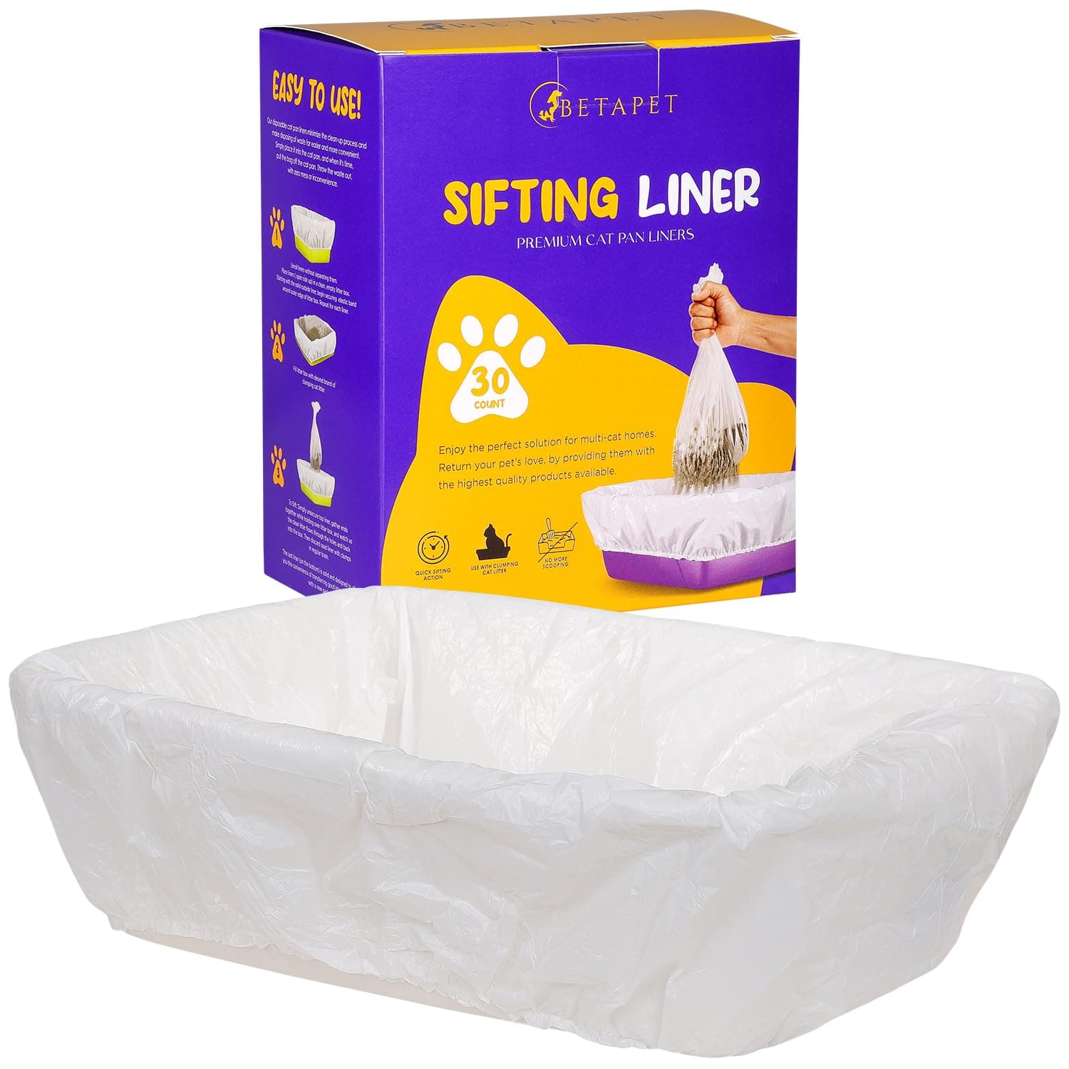 BETAPET Sifting Litter Box Liners- 30-Count Elastic Cat Pan Liners for Large, Extra Large, Giant, and Extra Giant Litter Box - 36" x 18" Universal Fit Quick Sifting Cat Litter Bags