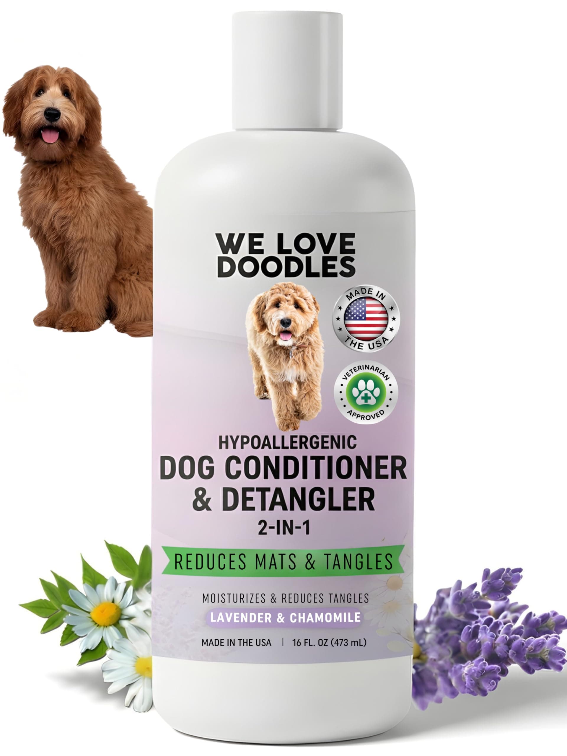 Dog Conditioner & Detangler, 2-in-1 Conditioner for Allergies & Itching, Lavender and Chamomile, Made in USA, Dog Lotion Treatment, Perfect for Poodles, Doodles & Goldendoodles,16oz