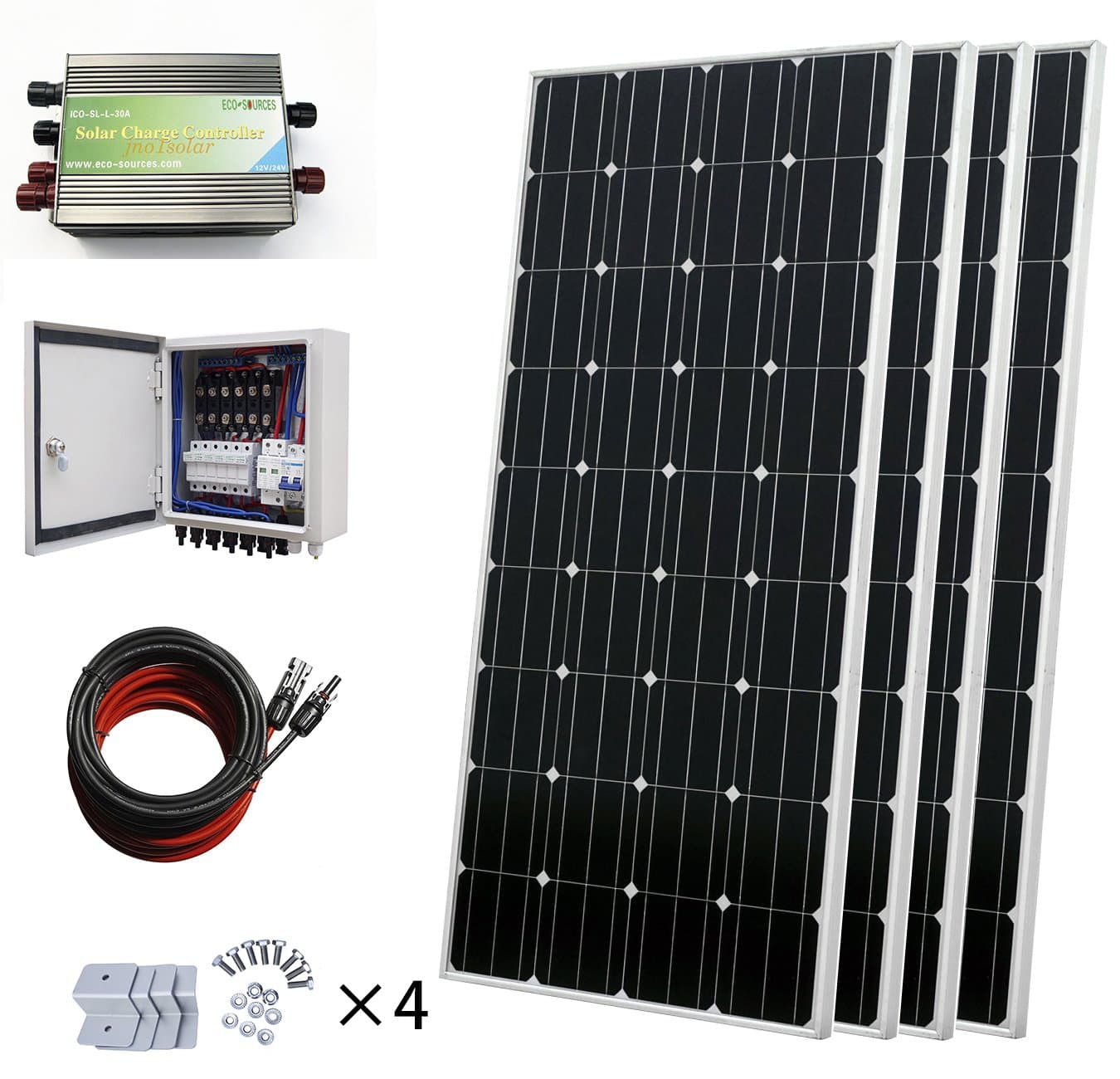 ECOWORTHY 12V/24V 600 Watt Off Grid Solar Panels Kits With 4 pcs 160W Mono Panels + 45A Solar Charge Controller + 6 String PV Combiner Box+ Solar Cable+ Z Brackets