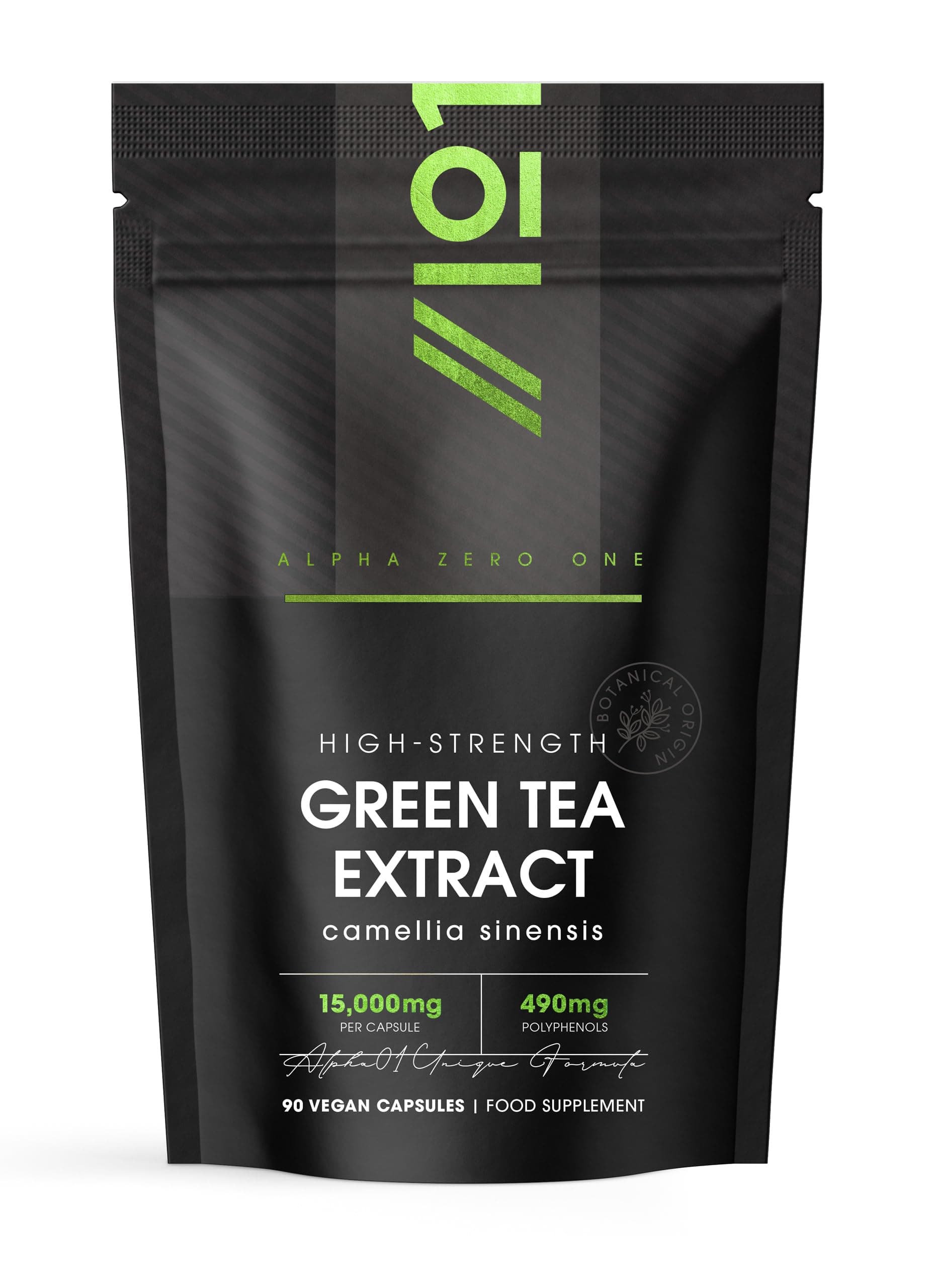Green Tea Extract 15,000mg – 95% Polyphenols – 50% EGCG – 90 Vegan Capsules - Resealable and Recyclable Pouch by Alpha01