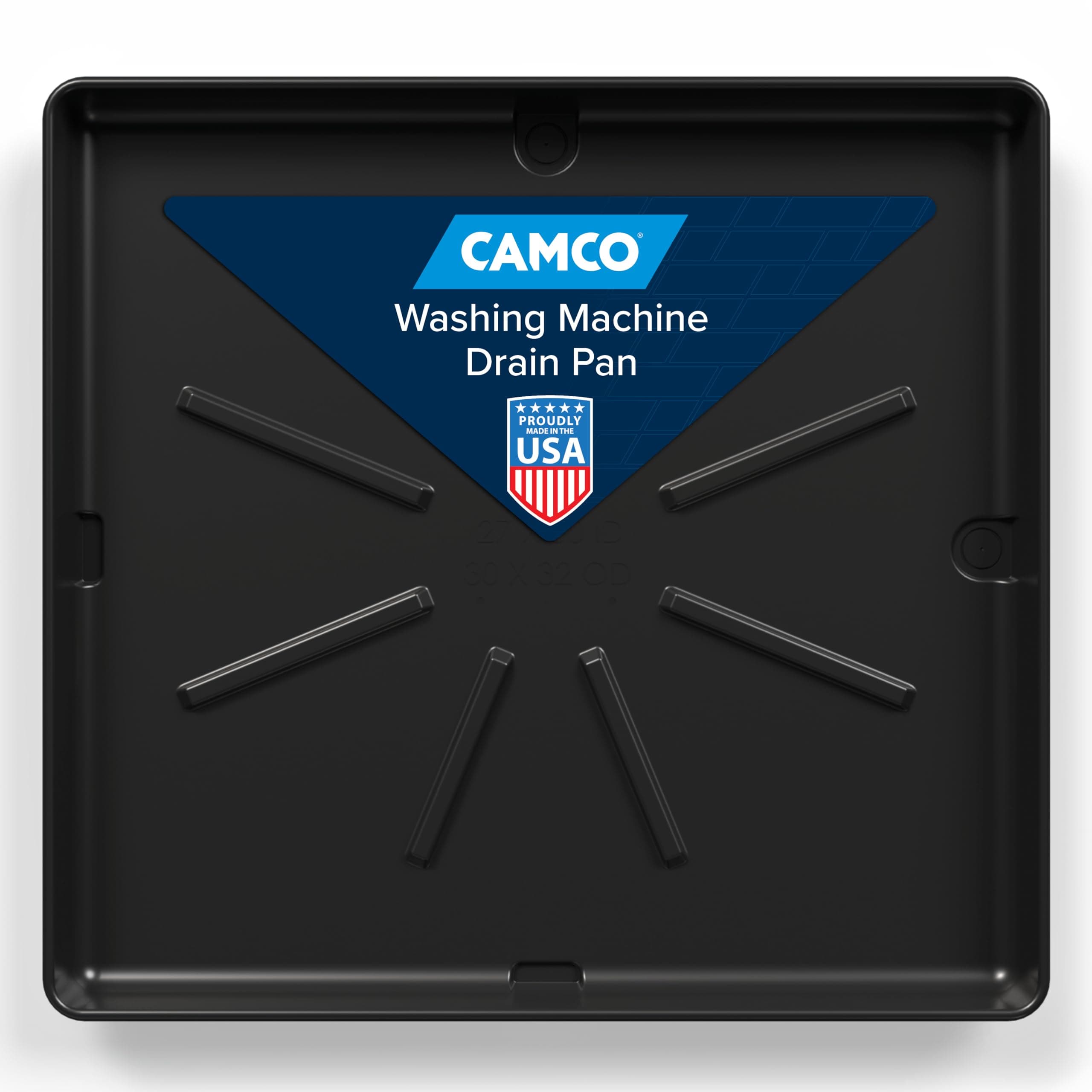 Camco Washing Machine Drain Pan - Features a Durable Plastic Construction, 1-inch/1.5-inch PVC Drain Fitting, and Measures 30-inches (L) x 32-inches (W) x 2 ½-inches (H) (OD) (20750)