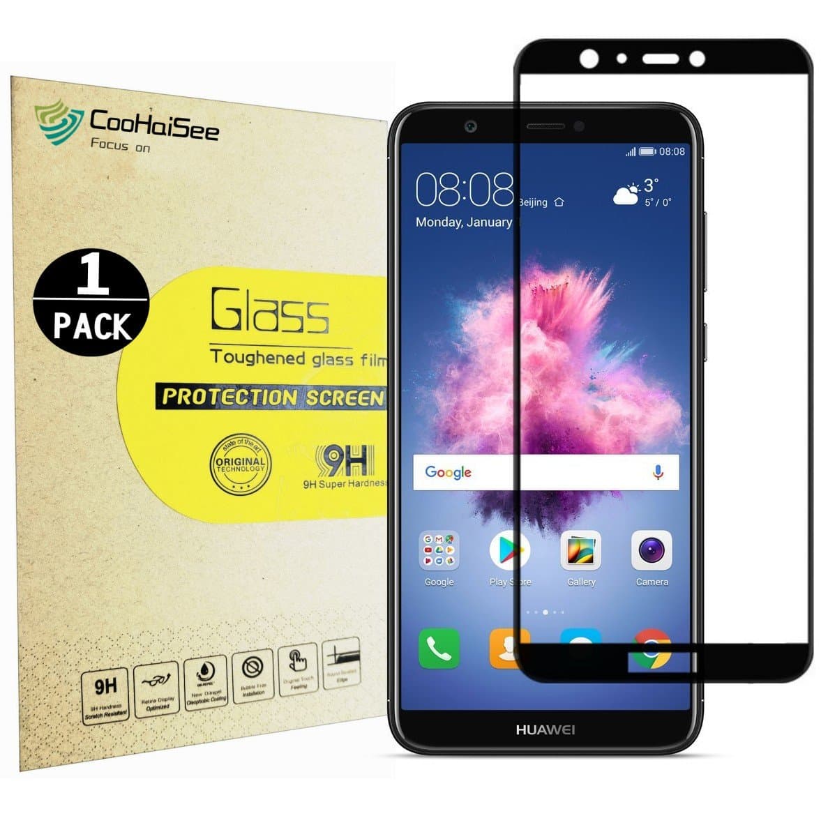 coohaisee Huawei P Smart Screen Protector, Tempered Glass Screen Protector [1-Pack] [0.3mm, 2.5D] [9H Hardness] [Crystal Clear] [Bubble Free] for Huawei P Smart/Huawei Enjoy 7S. (Black)