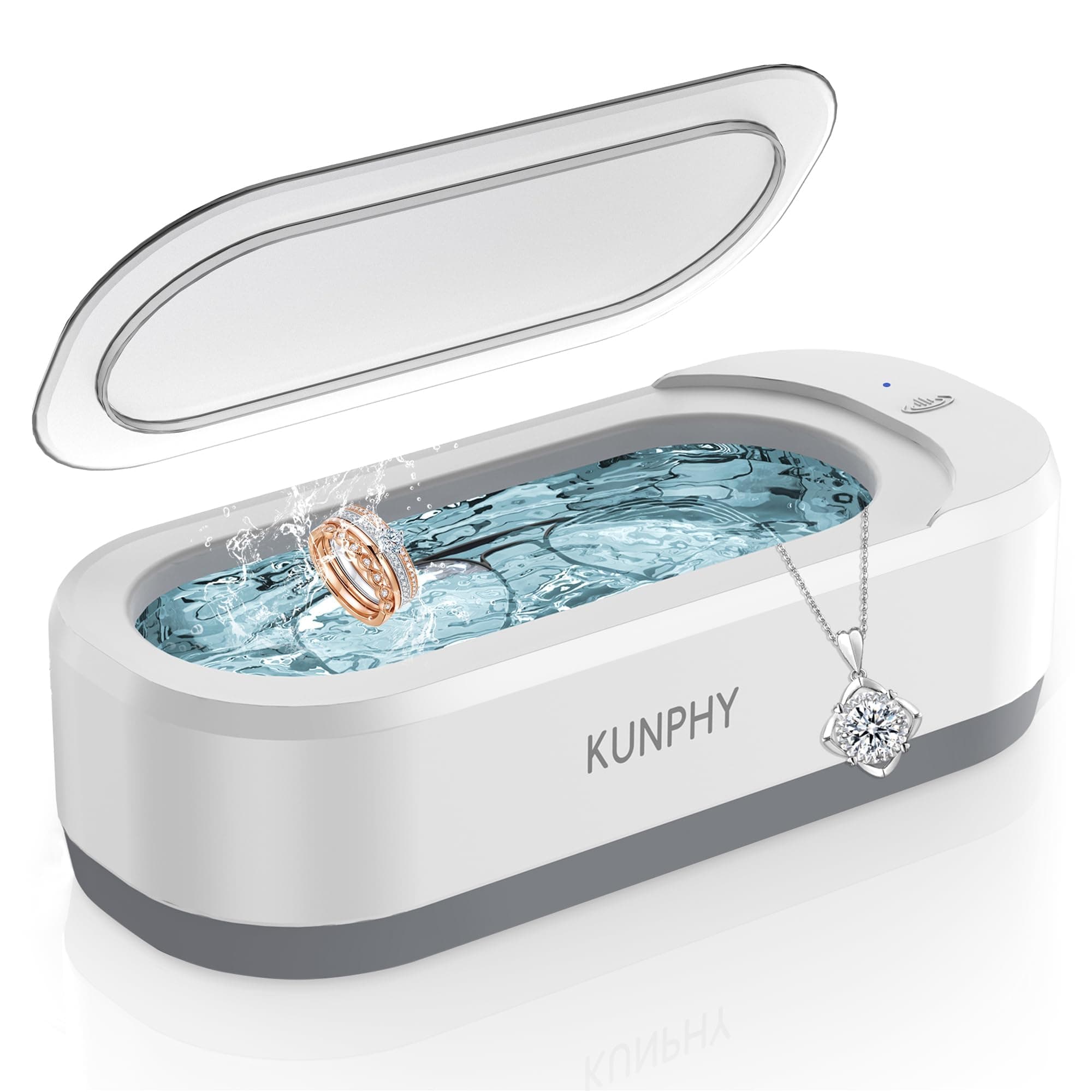 - KUNPHY Ultrasonic Jewelry Cleaner, Jewelry Cleaner Machine 12oz 46KHz, Professional Sonic Cleaner with One-Touch Operation, Sonic Cleaner for Rings, Glasses, Jewelry, Dentures White