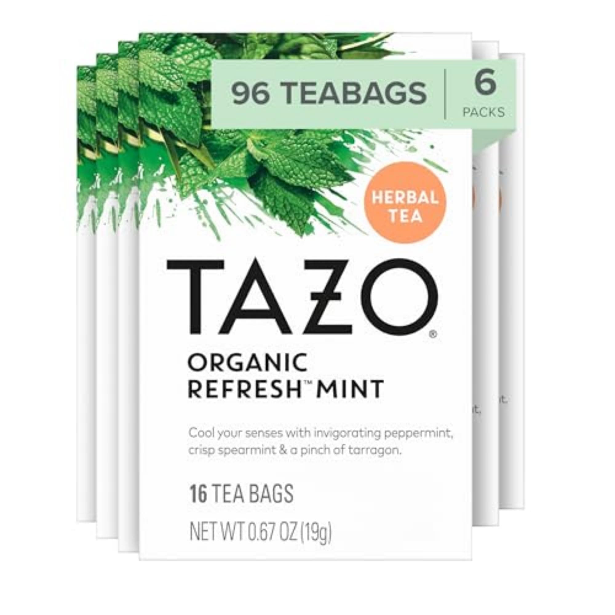 Refresh Mint Herbal Tea Bags with Peppermint and Spearmint, Caffeine Free, 96 Total Tea Bags (16ct - Pack of 6)