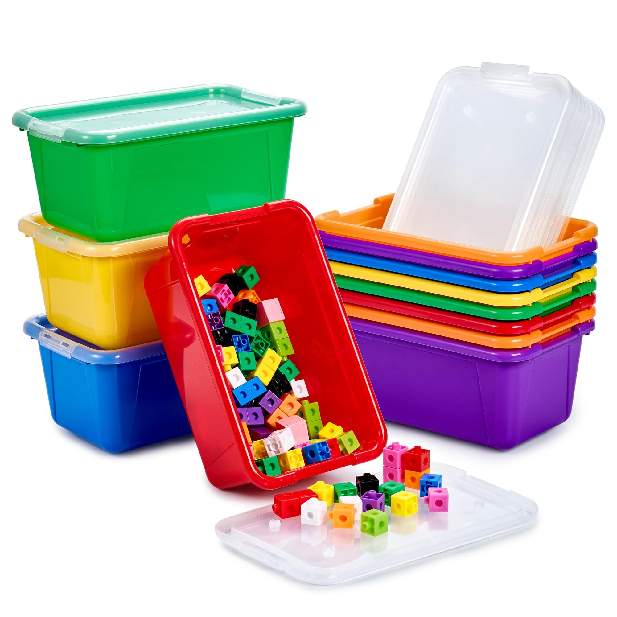 GAMENOTE Colored Plastic Storage Bins with Lids,Stackable Containers for Classroom,Toy Storage Organizer, 5 Qt 12 Pack Small Tubs,Tote Box for Kids Playroom,Sorting(12×7.2×5.1 in)