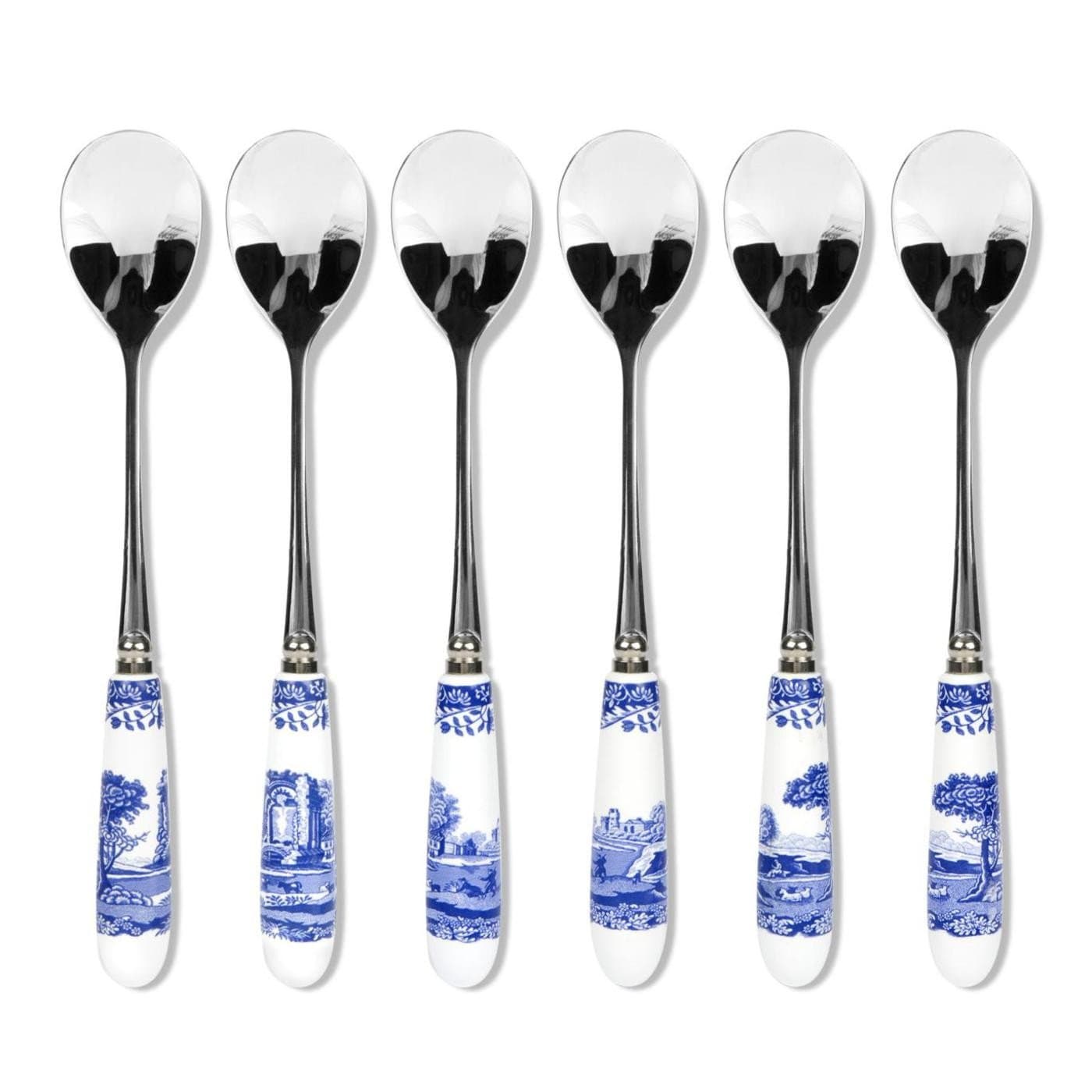 Spode x Blue Italian Set of 6 Tea Spoons - White & Blue Teaspoons, Stainless Steel with Porcelain Handles, Suitable for Tea, Coffee, or Dessert, Stylish and Gift-Ready, 15cm