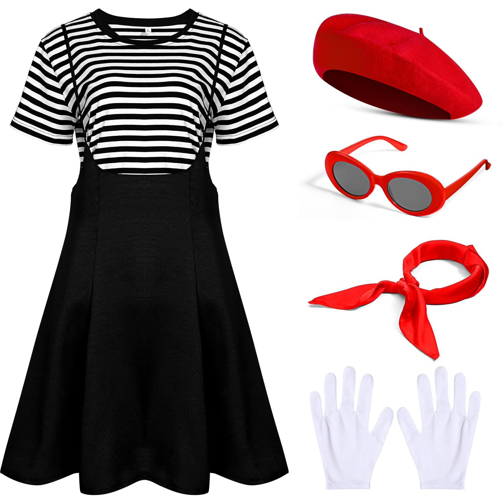 6 Pcs French Costume Women Artist Outfit Includes Black Dress, Striped T Shirt, Gloves, Beret, Scarf and Sunglasses