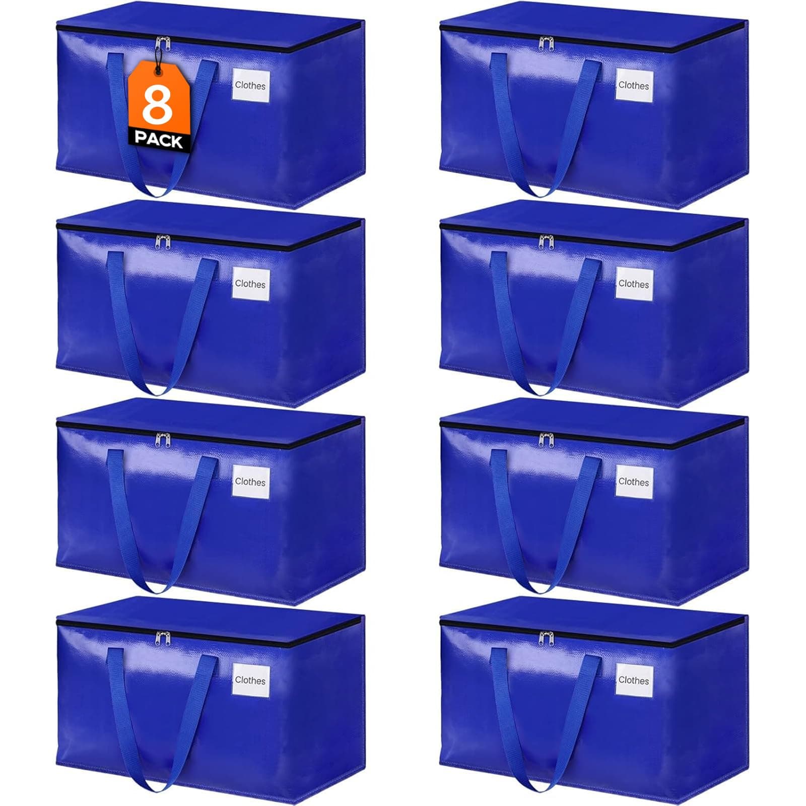 Moving Bags, 8-Pack Heavy Duty with Strong Zippers and Handles Collapsible Moving Supplies, Storage Totes for Packing & Moving Storing 93L-8 Pack (Blue)