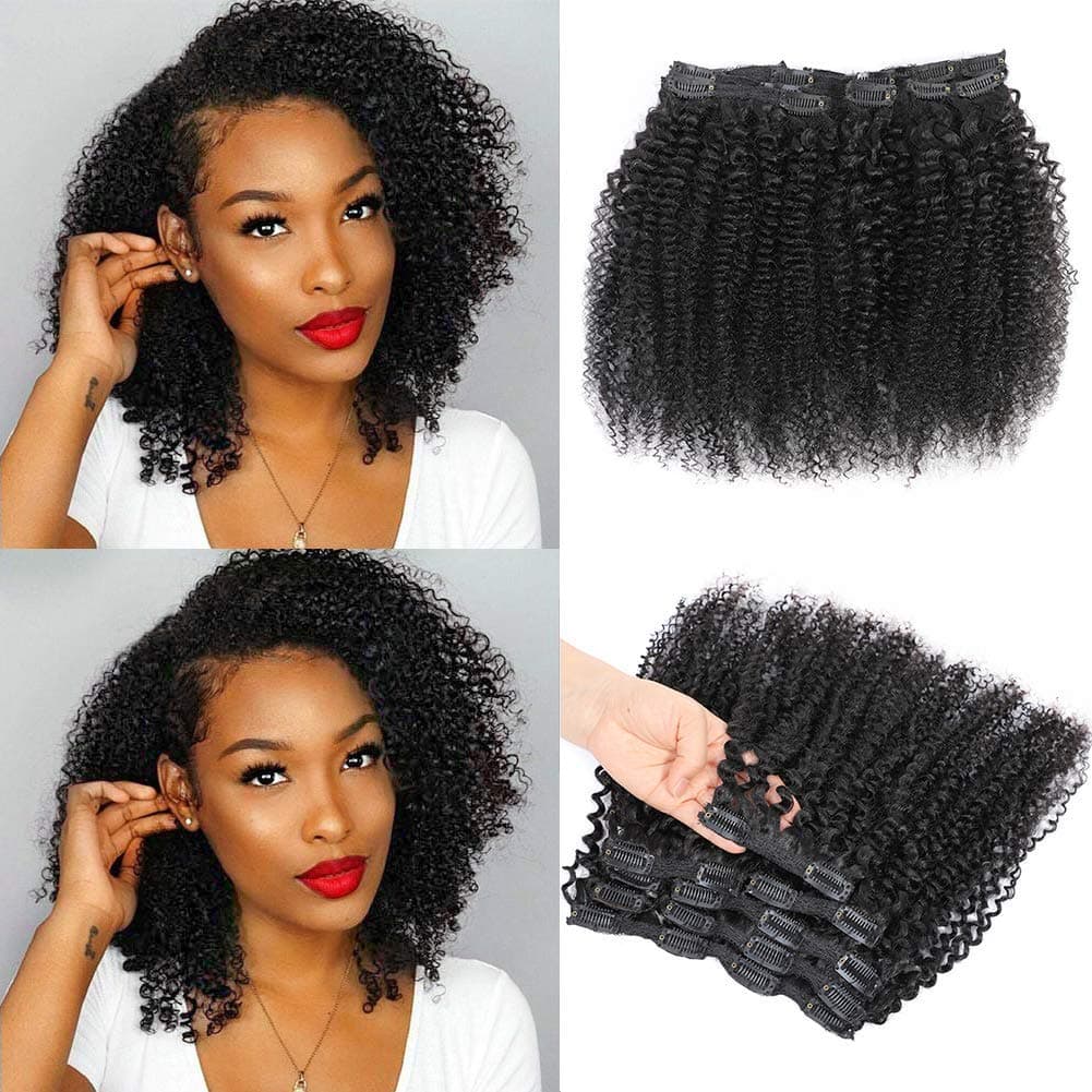 URbeauty 10 Inch Kinky Curly Clip In Hair Extensions for Black Women Human Hair, Curly Hair Extensions Clip in Human Hair, 3c 4a Kinky Curly Hair Clip Ins for Women