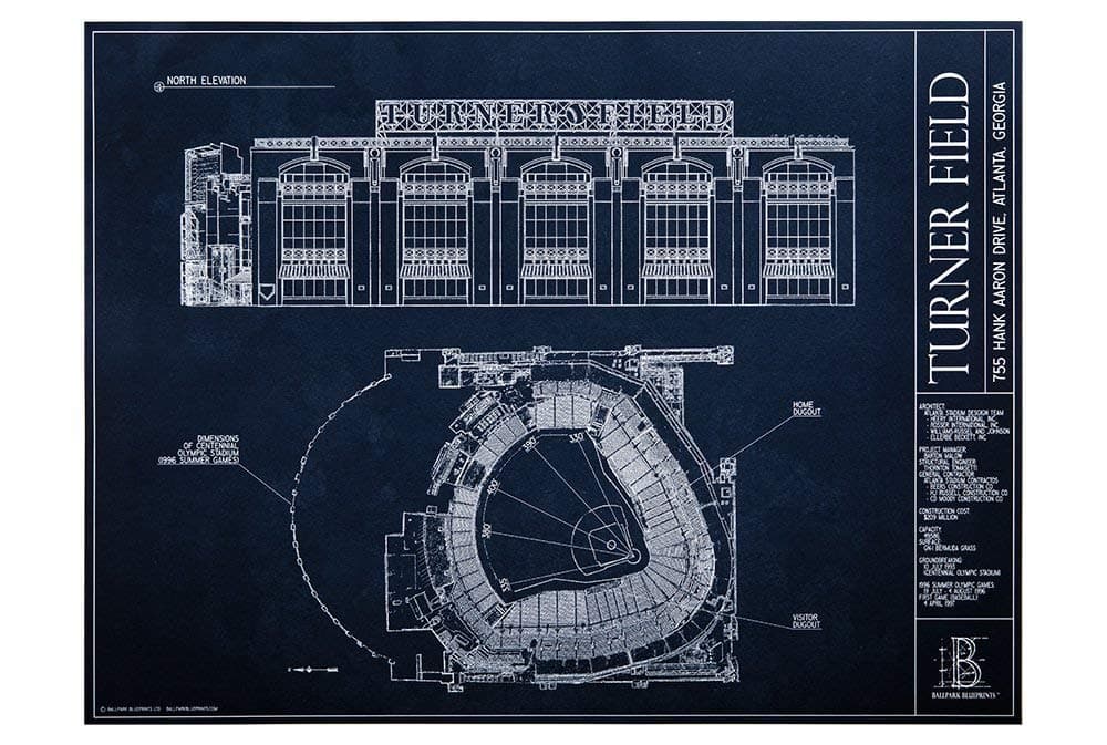 Turner Field - Blueprint Style Print (Unframed, 18" H x 24" W)