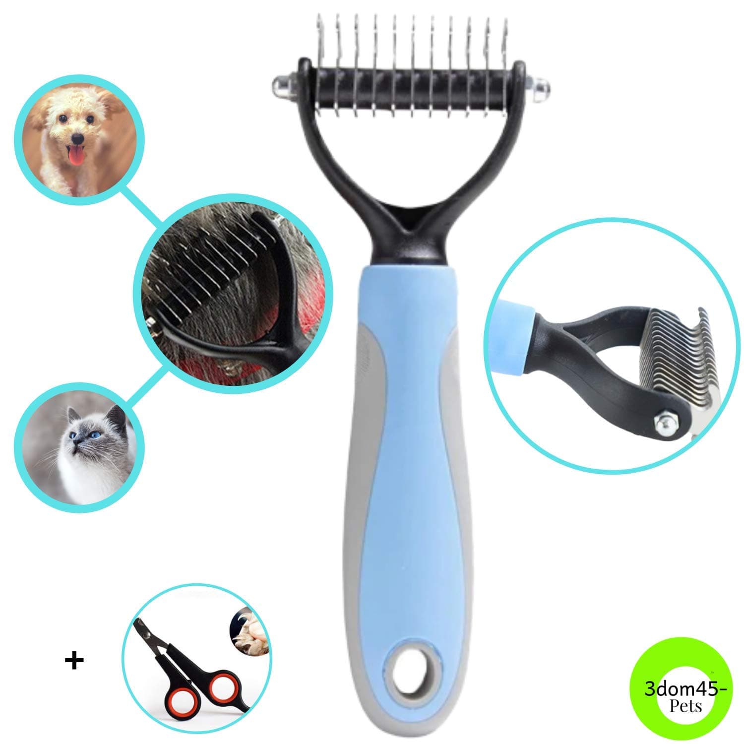 GEN Furry 3dom Pet Premium Blue Grooming Tool Dematting Comb for Dogs & Cats 2 Sided Undercoat Rake for Easy Mats & Tangles Removing, Free bonus nail & claw clippers (Blue)