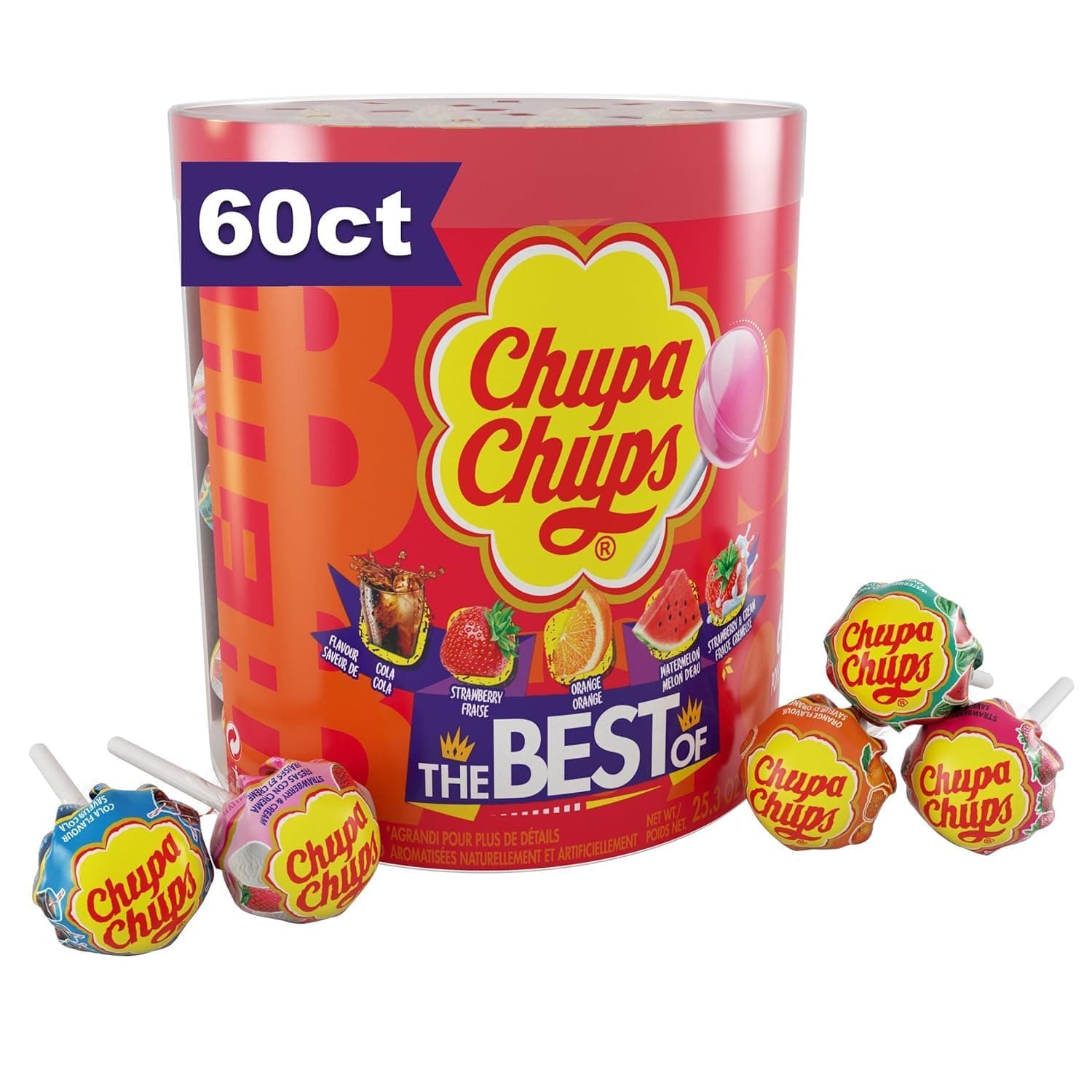 Chups Candy, Lollipops Drum Display, 60 Count, 5 Assorted Candy Flavors for Kids, Holiday, Parties, Office, Concessions