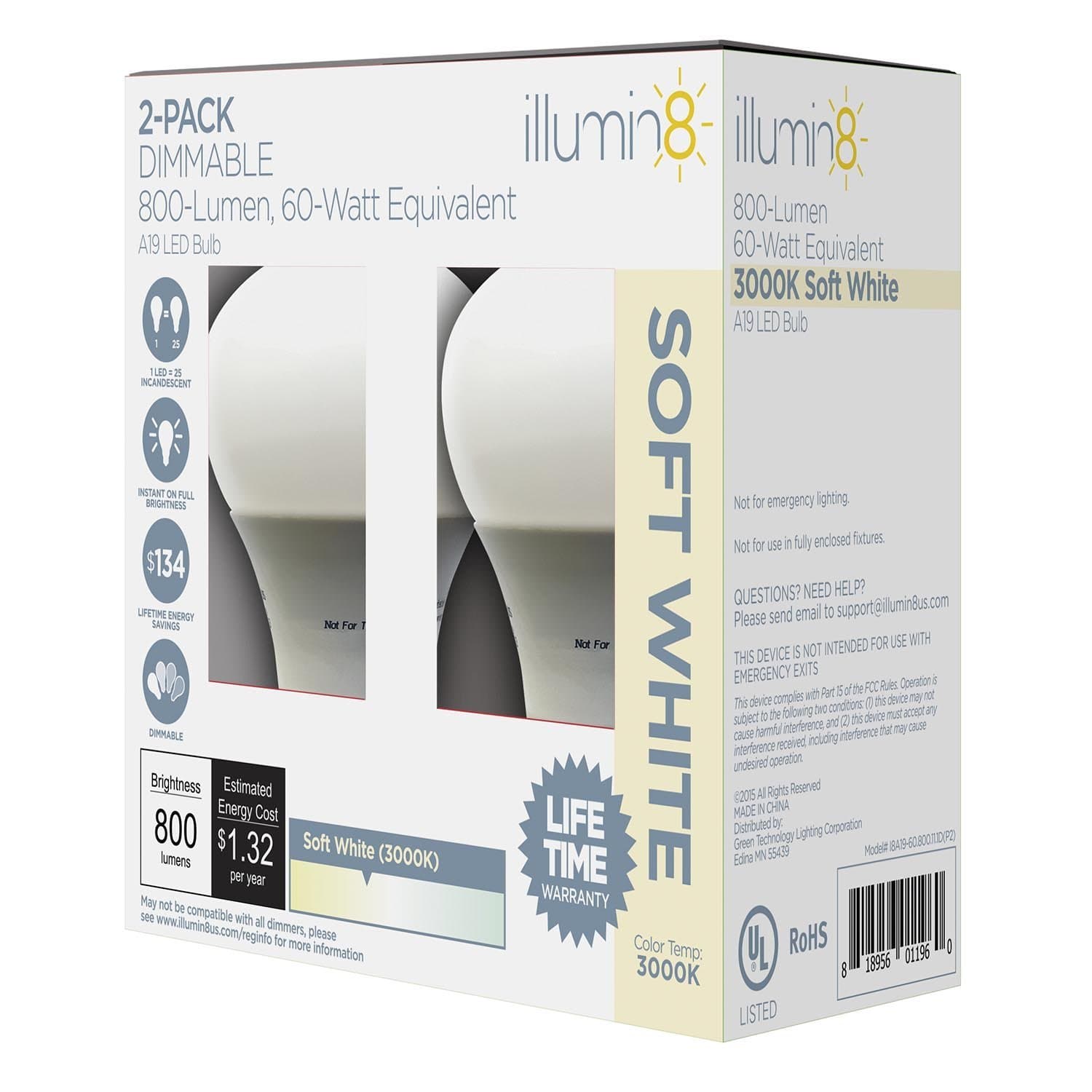 Bundle of Four Illumin8 A19 LED Light Bulb, Dimmable, 11 watt, 3000K (60w Equiv) 2 Packs - I8A19-60.800.11.1D(2PK) - 8 Bulbs Total