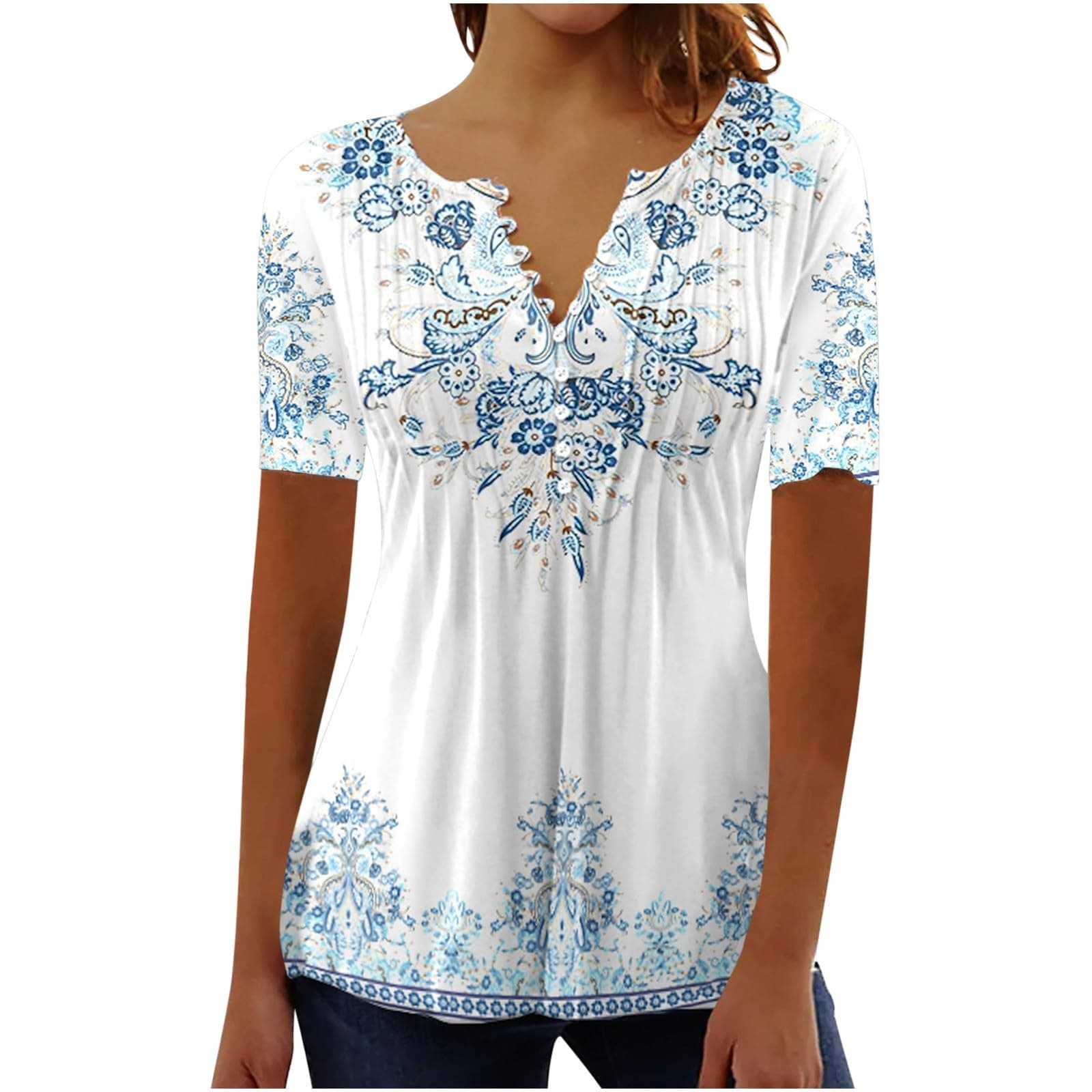 SMIDOWSummer Tops for Women 2025 Trendy Boho Floral Print Tunic Shirts Short Sleeve Button v Neck Tshirt Casual Loose Blouse