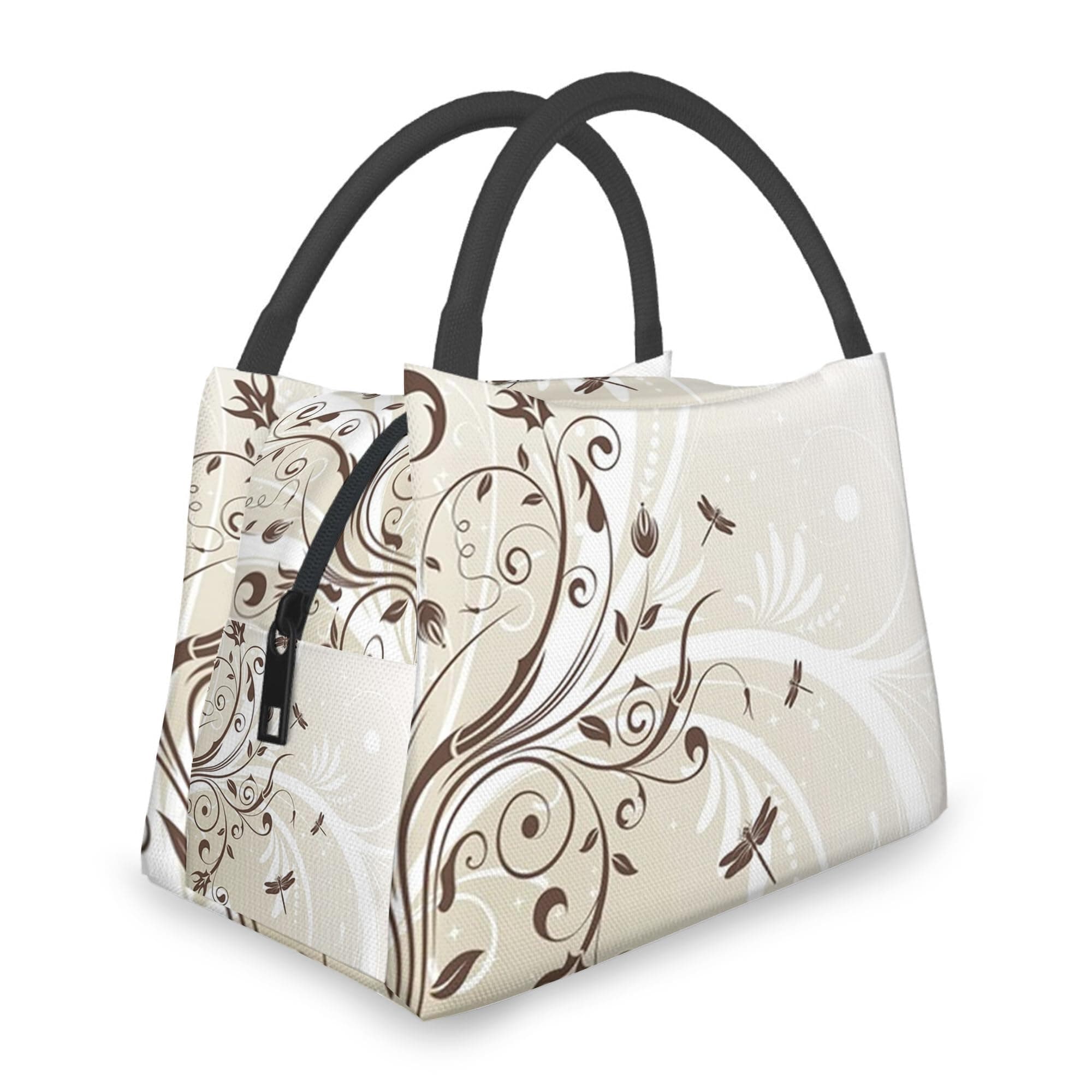 Fubido Flower Leaves,Reusable Lunch Bag for Women Men,Flower Petals Swirled Branches,Simple Lunch Tote Bag Modern Insulated Lunch Box for Work Office Travel Picnic,Brown