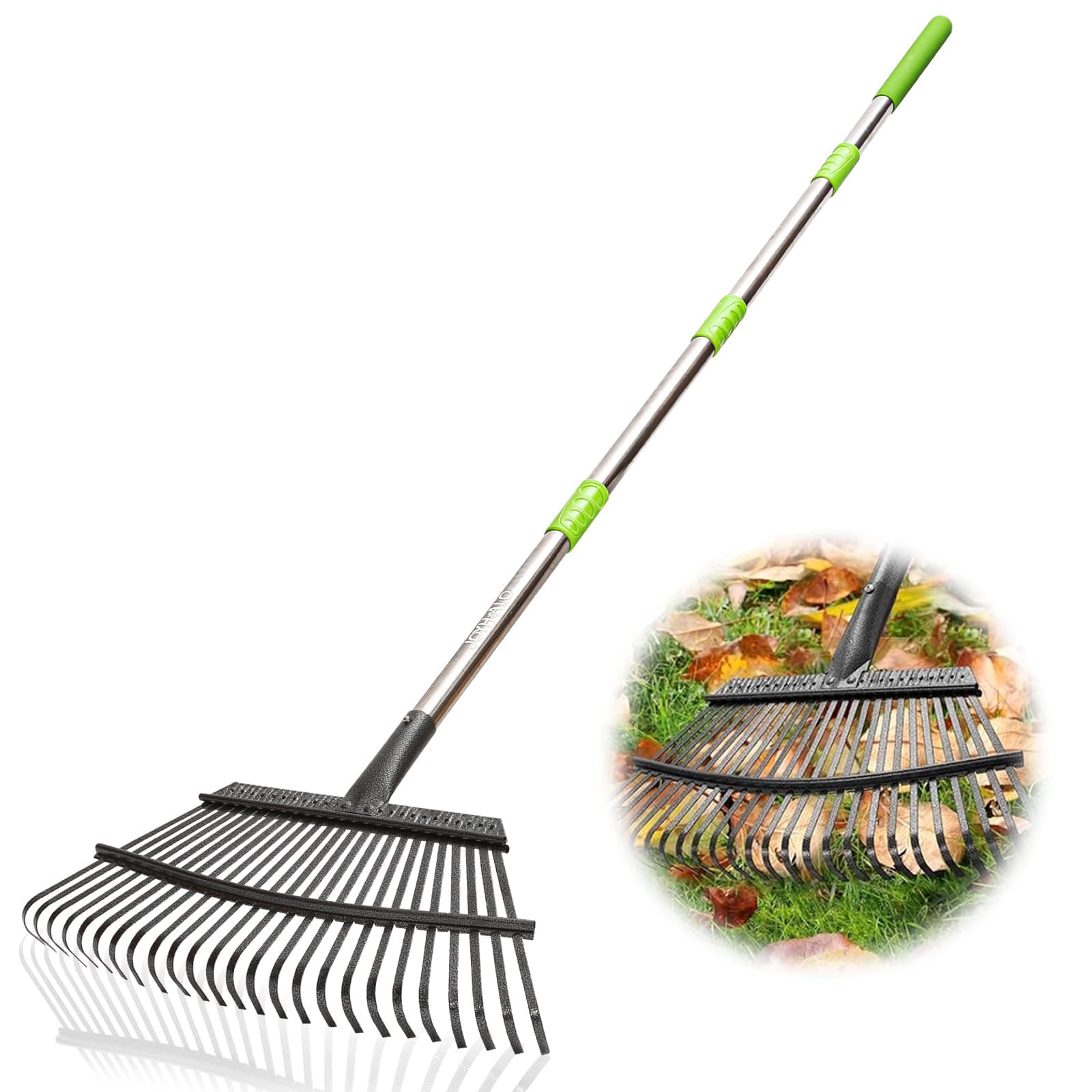 - Joyhalo Rake for Leaves Adjustable 65 Inch Long, 18 Inch Wide Garden Rake with 25 Tines, Metal Leaf Rakes, Rakes for Lawns, Gathering Leaves, Weeds, Debris