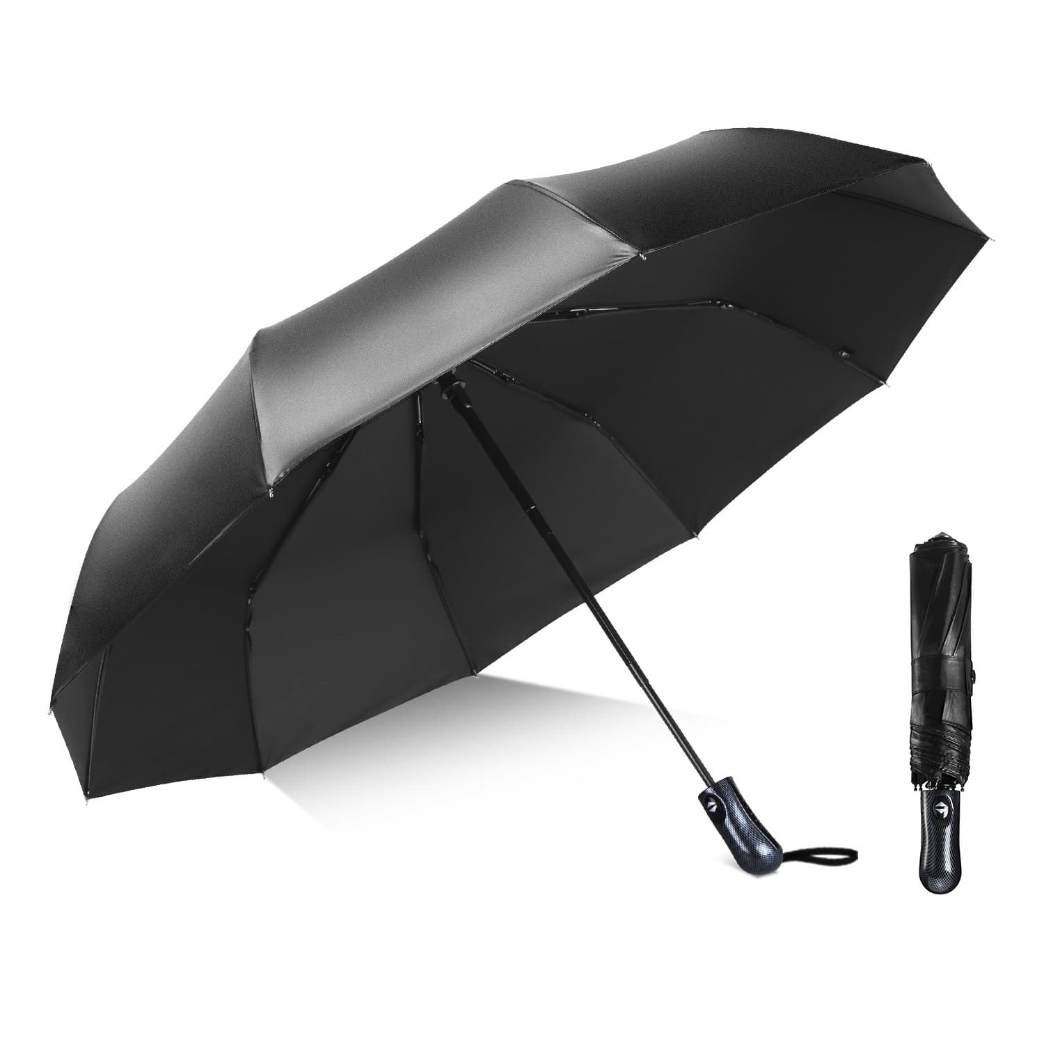 Automatic Umbrella Compact Travel 10 Ribs Reinforced Windproof Umbrella, 210T nano-coated, Non-Slip Handle for Easy Carry - Black