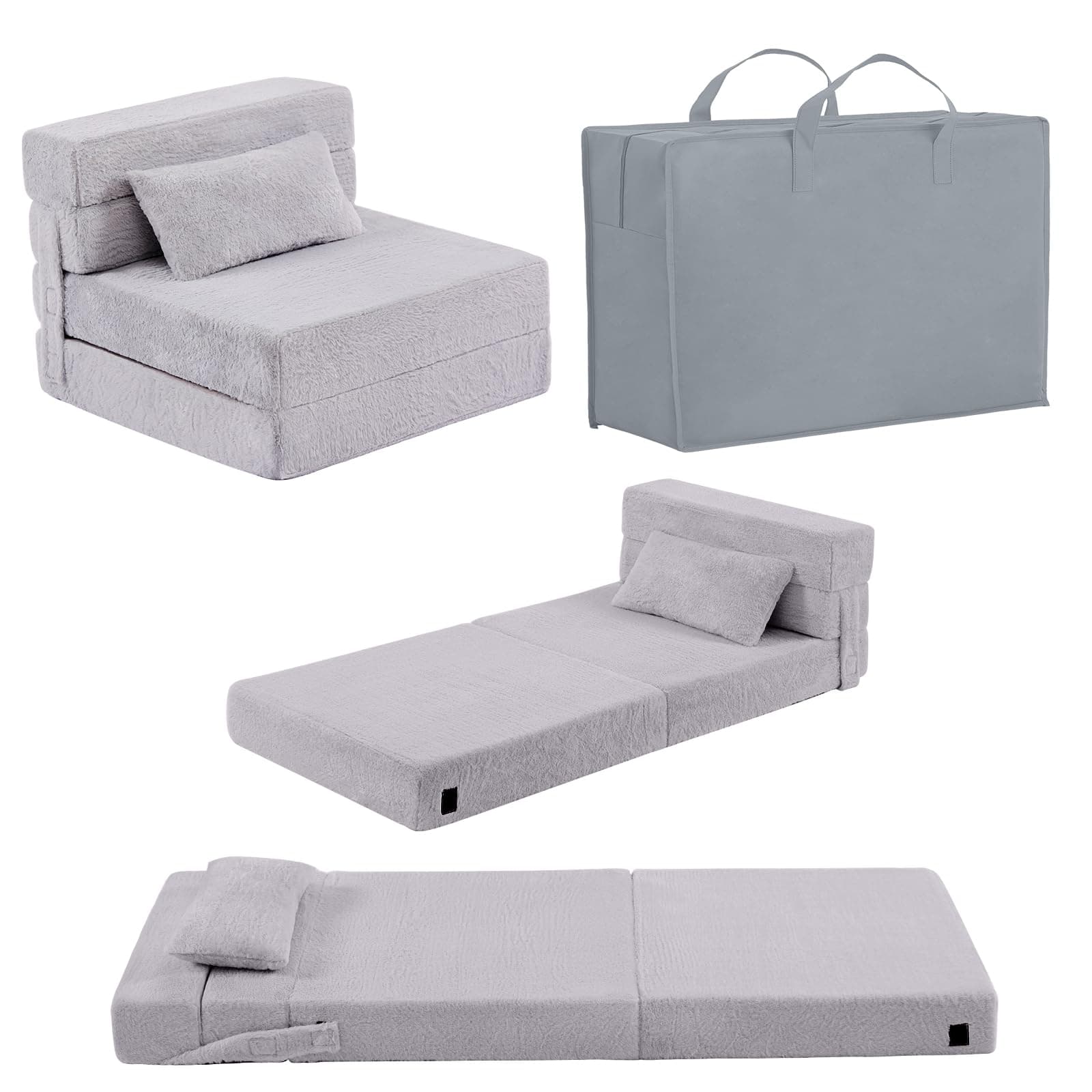 Folding Sofa Bed Mattress for Kids with Pillow, Toddler Washable Folding Floor Mat for Daycare, Child Fold Up Sofa Futon Chair Bed with Storage Bag for Playroom, Camping, Girls and Boys, Grey