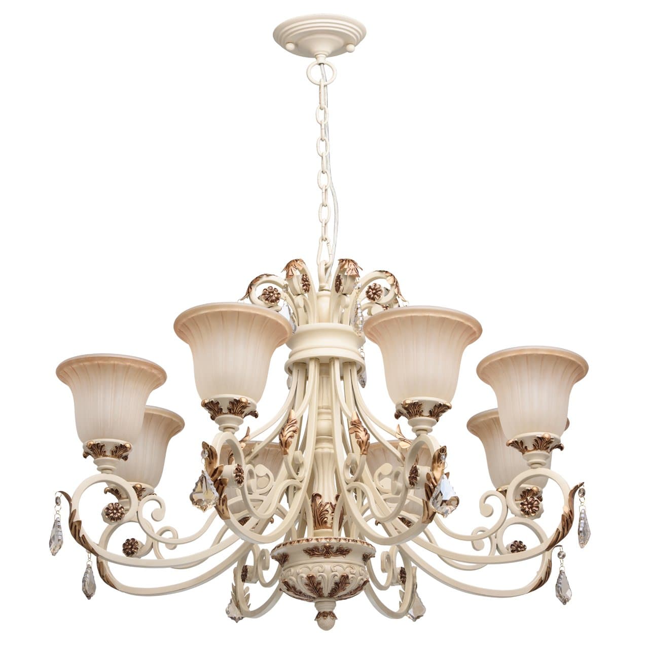 Chiaro Luxury Pendant Chandelier of Premium Quality Wrought Iron of Beige Colour Matt Glass Shades Up Light Decorated with Galvanized Crystal Droplets for Country House Living Room or Bedroom Diametre 92 cm 8 Bulb Exl, E27 8 x 6W 230V [Energy Class A]