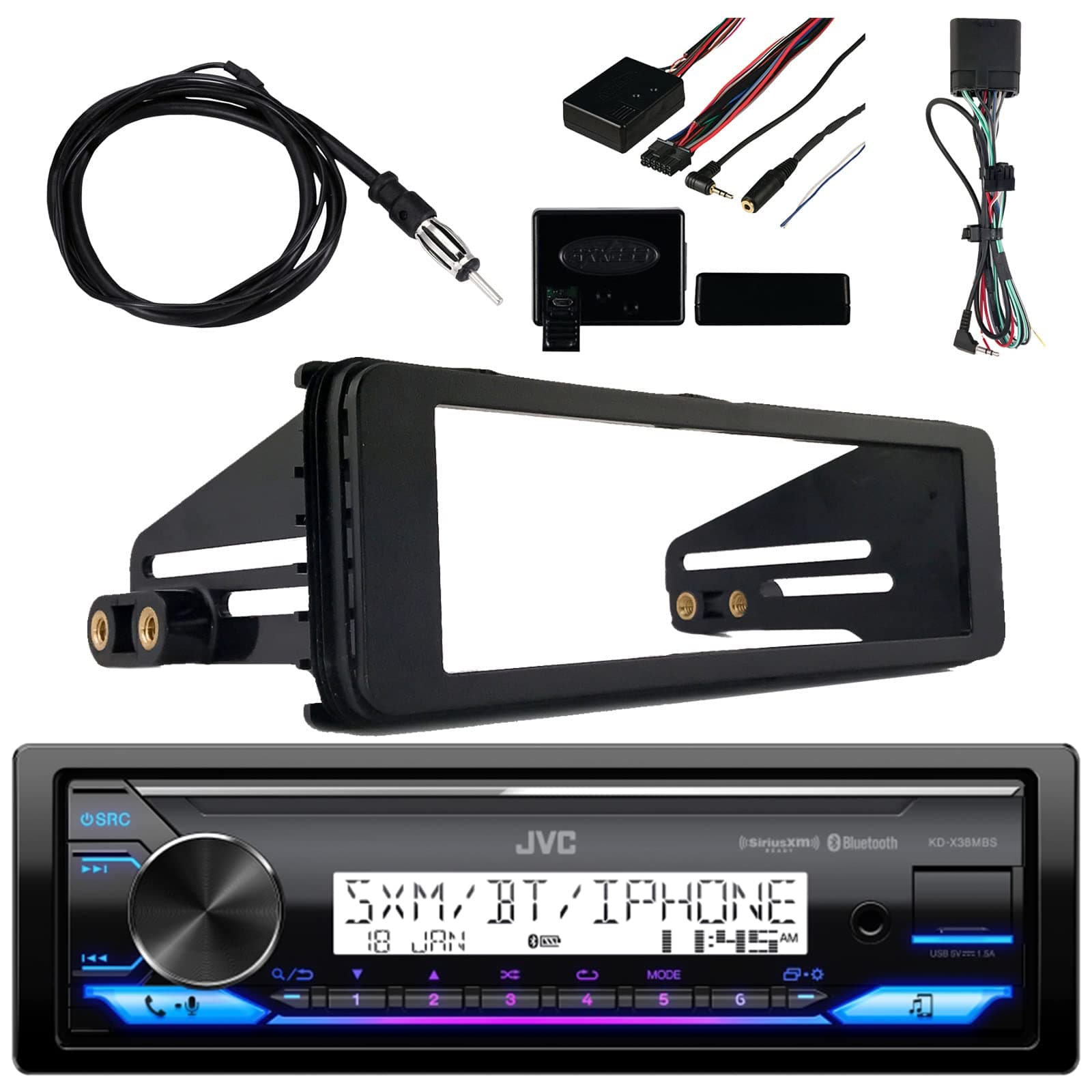 Single DIN Marine Digital Media USB AUX Bluetooth Radio Stereo Receiver Bundle Combo with Metra Steering Wheel Interface, Antenna - 40 ", 1998-2013 Harley Single-DIN Stereo Installation Kit
