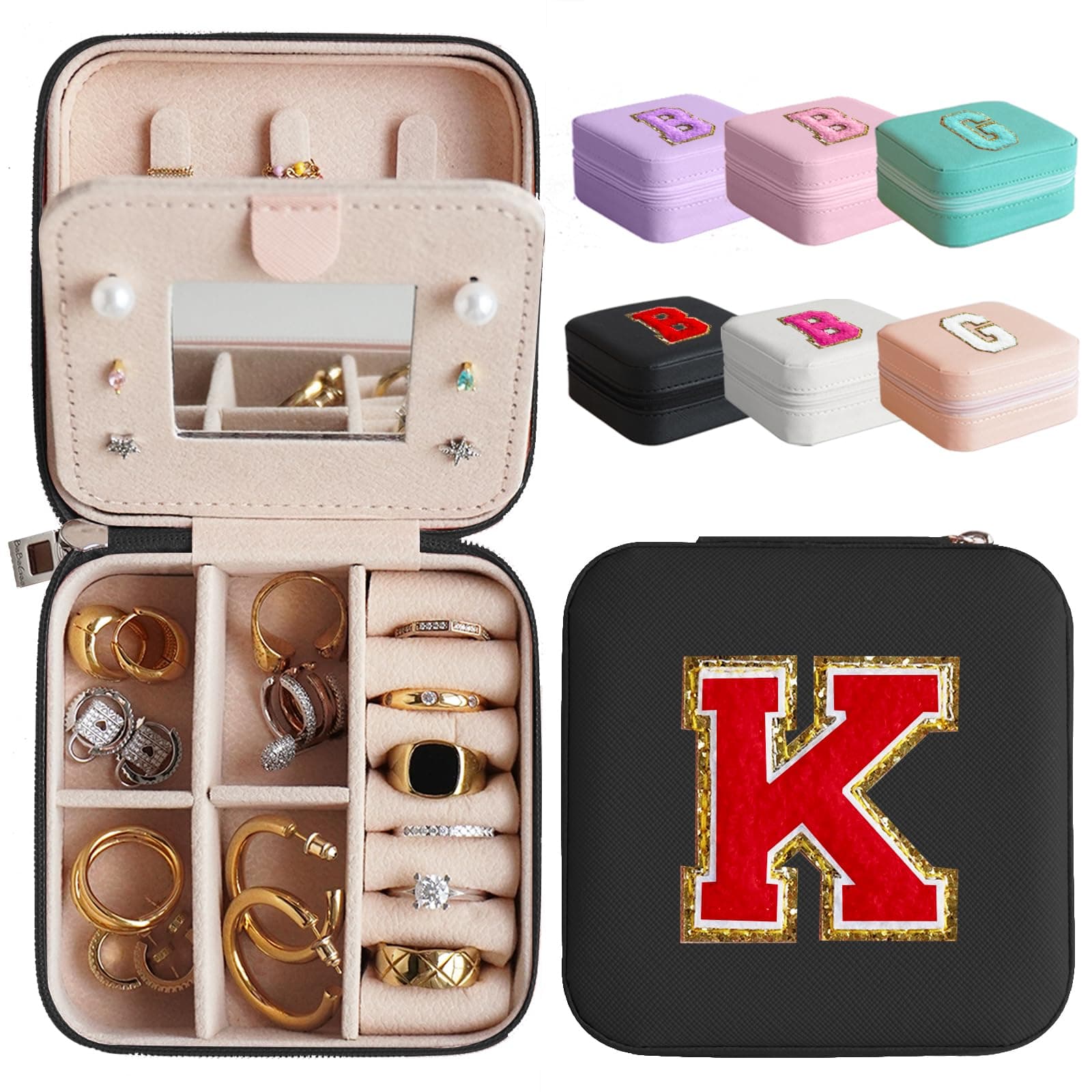 Letter Travel Jewelry Case with Mirror, Mini Portable Jewelry Travel Organizer, Small Jewelry Box for Bridesmaid Gift, Travel Essential to Store Ring, Necklace, Earring(Black Red-K)