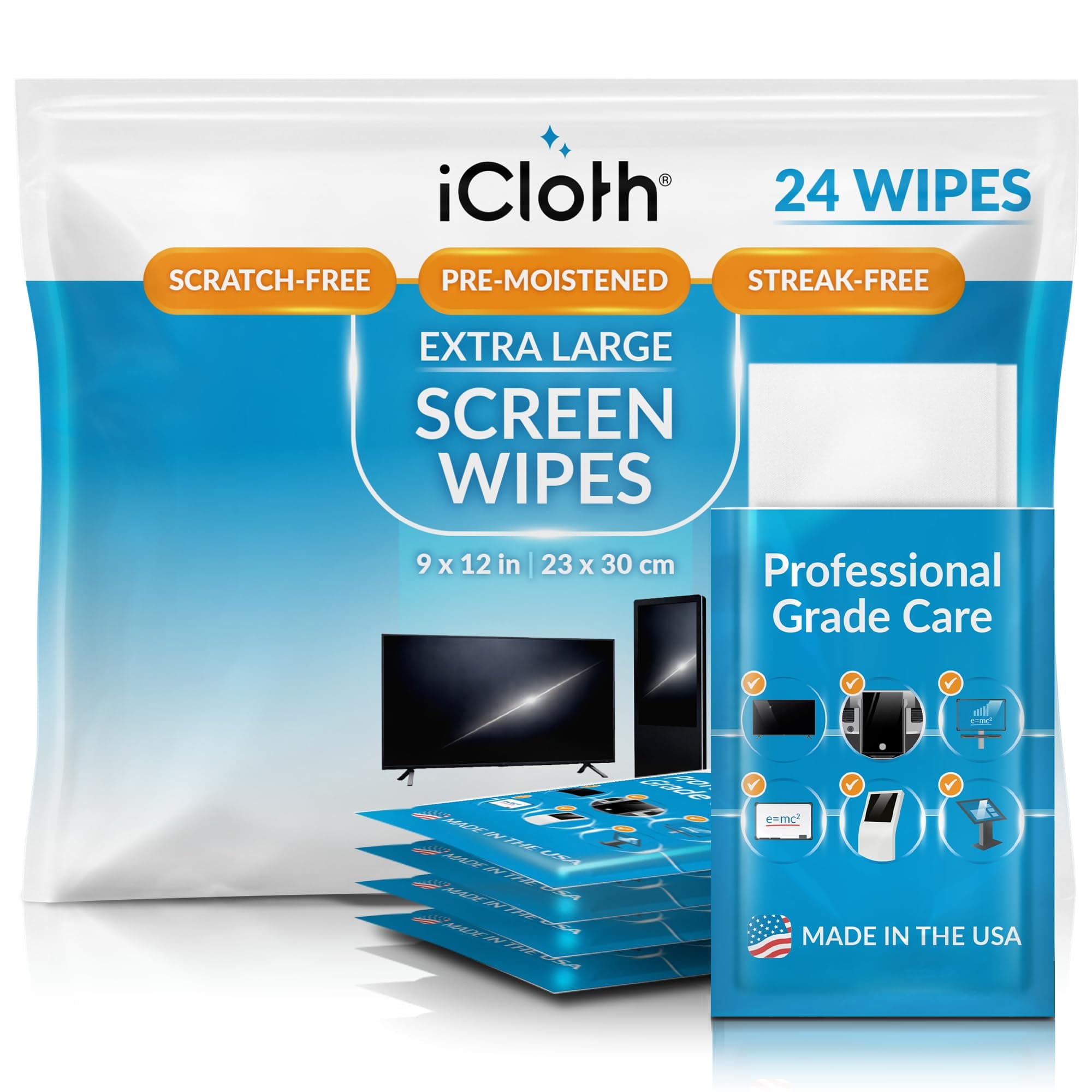 iCloth XL Screen Cleaning Wipes, Lint-Free and Streak-Free, Fast-Drying, Removes Dust, Fingerprints, and Smudges (24 XL Wipes)