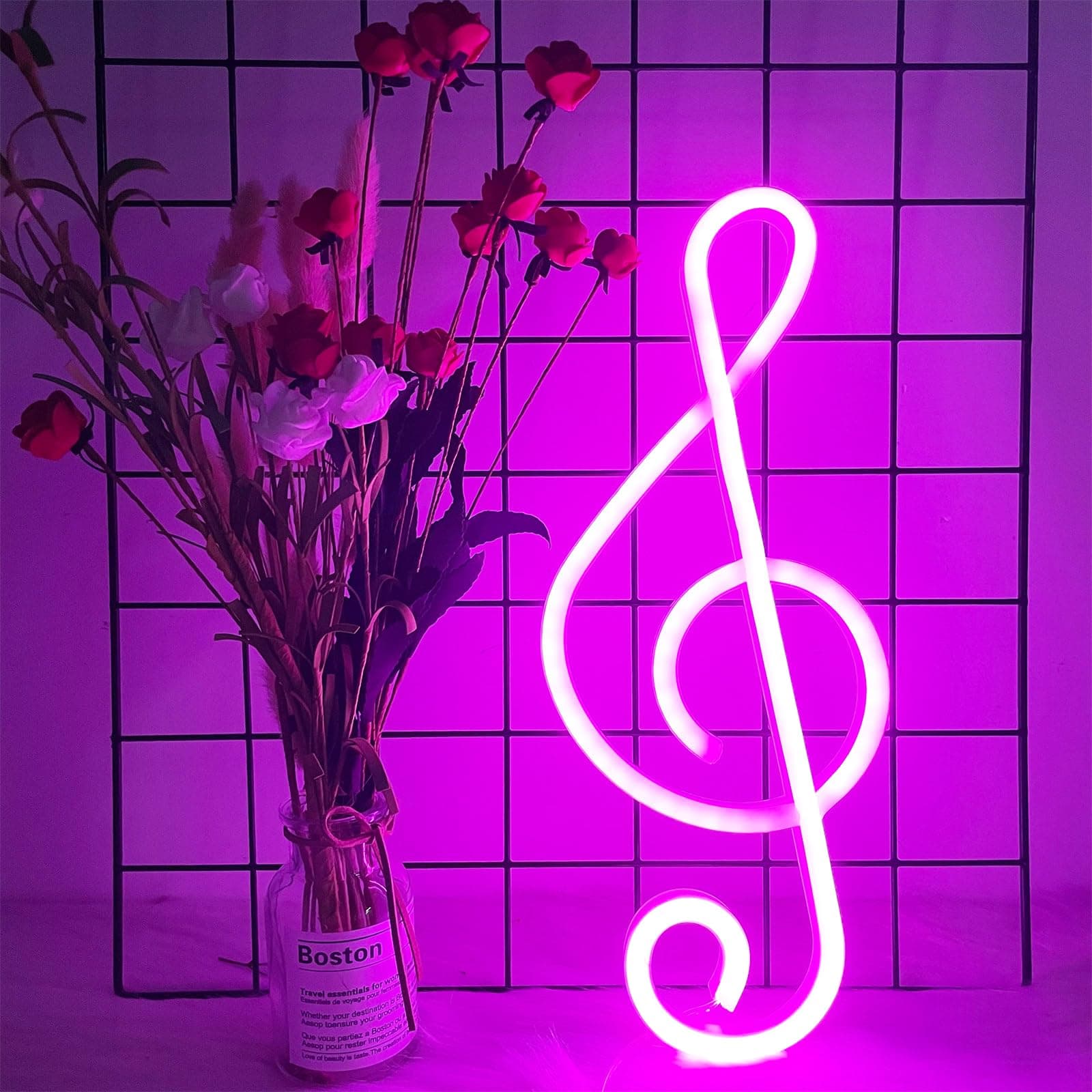 ENUOLI Music Note Shaped Pink LED Neon Signs Night Light Decor USB or Battery Operated for Christmas Wedding Birthday Gift Pub Kids Room Living Room