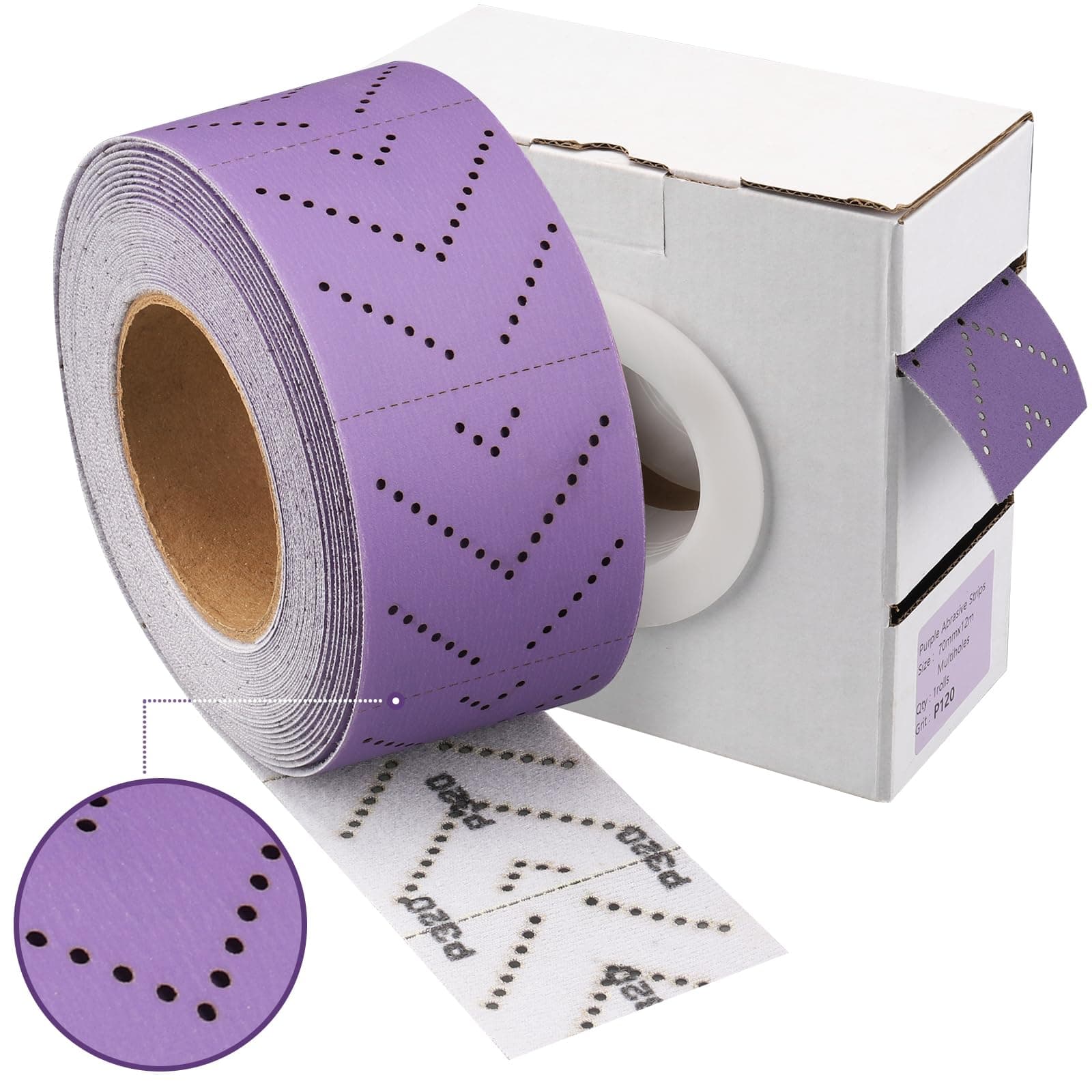 Purple Ceramic 80 Grit Sandpaper Roll, 70mm x 12m, Hook & Loop Multi-Hole Continuous Roll for Automotive, Wood, Metal Sanding