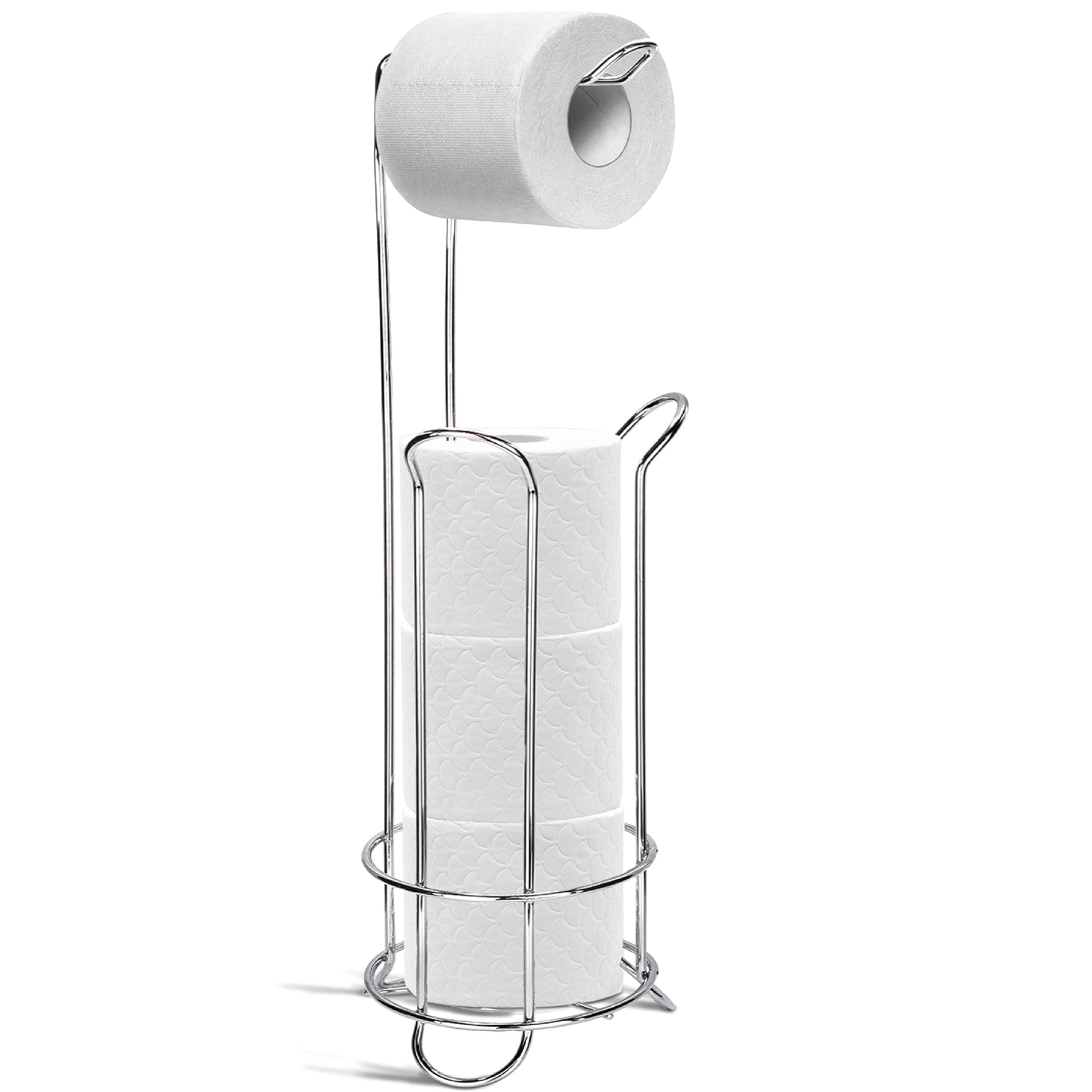 BrookstoneBROOKSTONE – Chrome Toilet Paper Holder with Dispenser, Freestanding Bathroom Tissue Organizer, Minimal Storage Solution, Stylish Design, Holds Up to 3 Extra Large Rolls + 1 On Top
