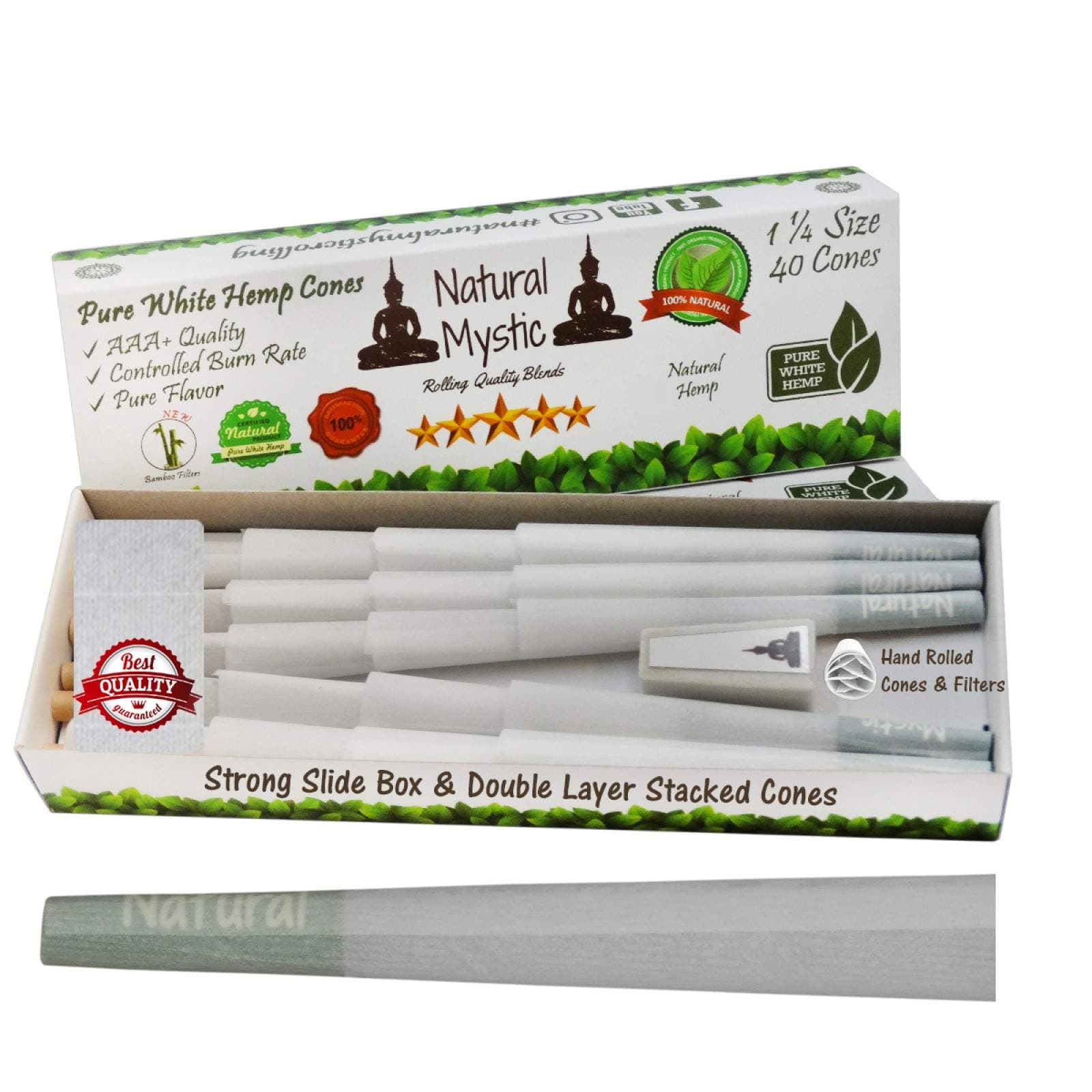 Pre Rolled Cones 1 1/4 Size – White Organic Rolling Paper With Fibers Preroll 40 Pack Natural Mystic Pre Roll Papers With Filter Tips Use Cone Loader Filling Machine Packing Sticks