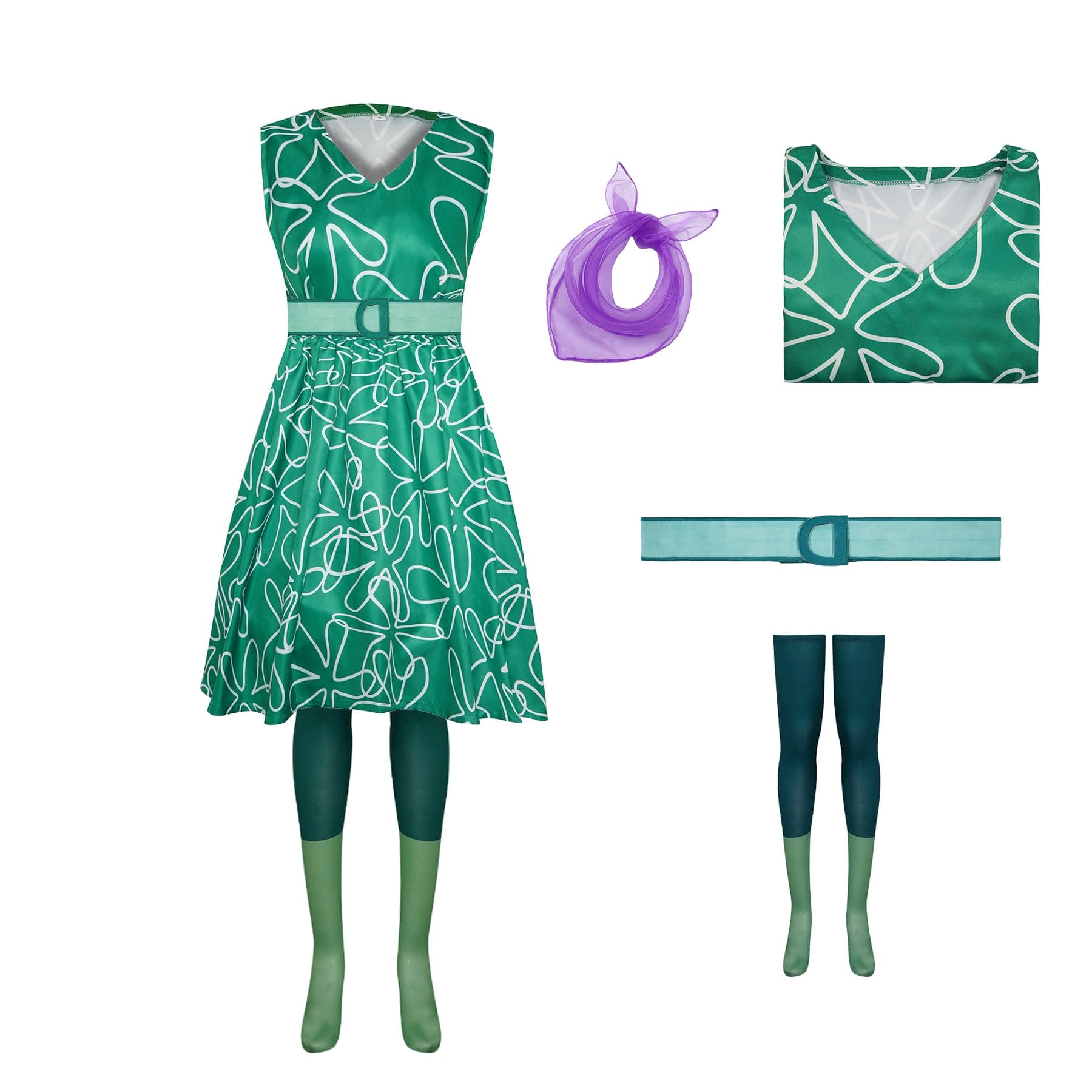 CoserDepotAdult Green Costume Dress Emotions Cosplay Halloween Outfit 4Pcs Set for Women