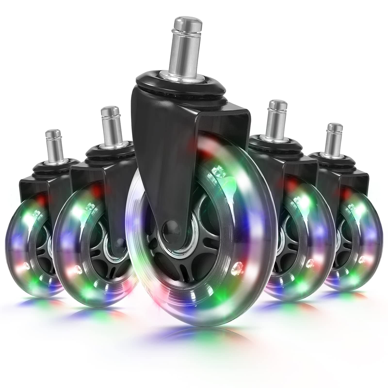 Hivexagon Office Chair Caster with RGB Color Changing Lights Set of 5 Rubber Replacement, Heavy Duty Universal Quiet Rolling Casters Fit Standard Office Chair for Hardwood Floors, Tiles and Carpet