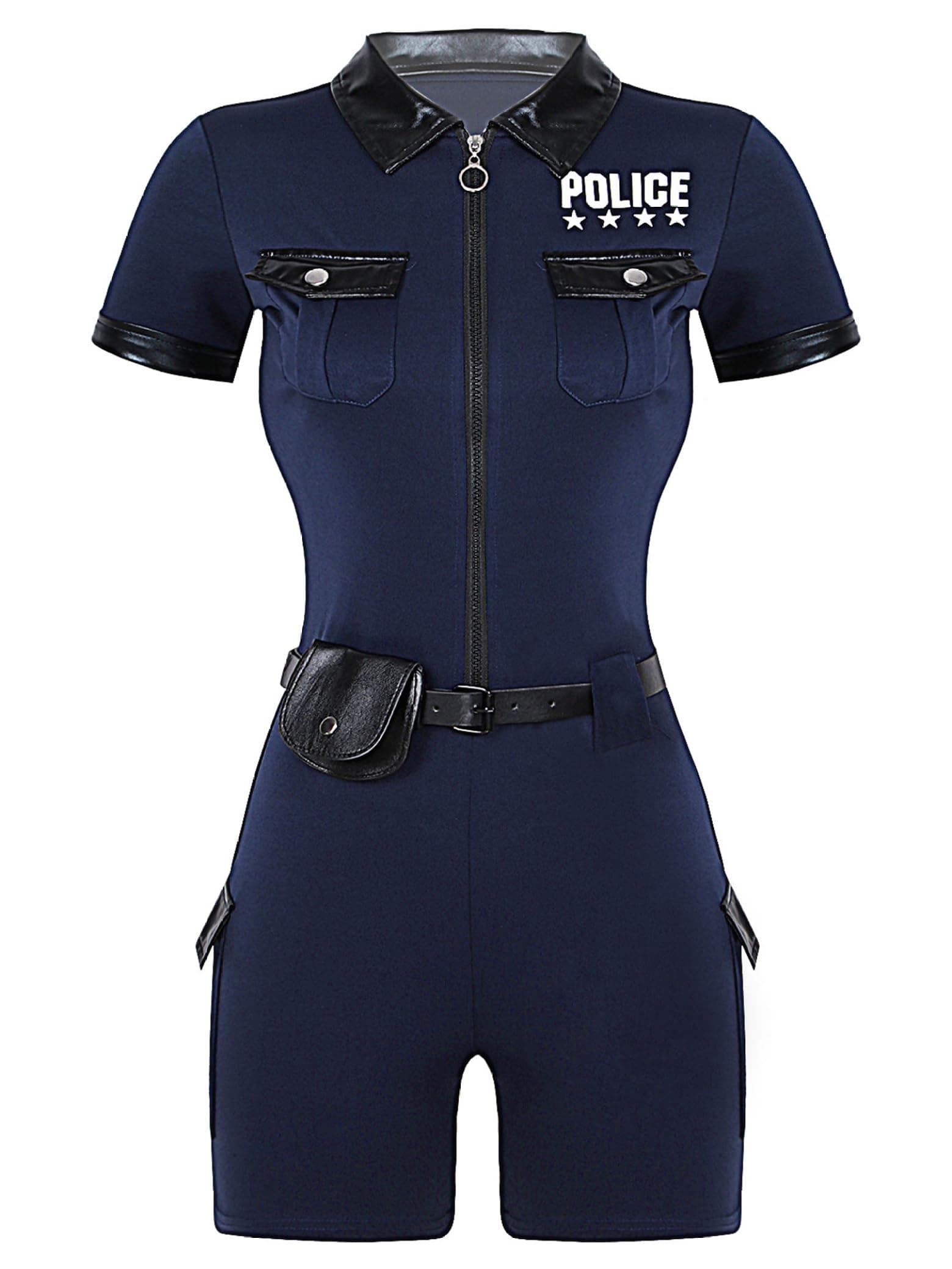 Fldy Womens Police Officer Costume Short Sleeve Jumpsuit with Belt Purse Policewoman Cop Outfits