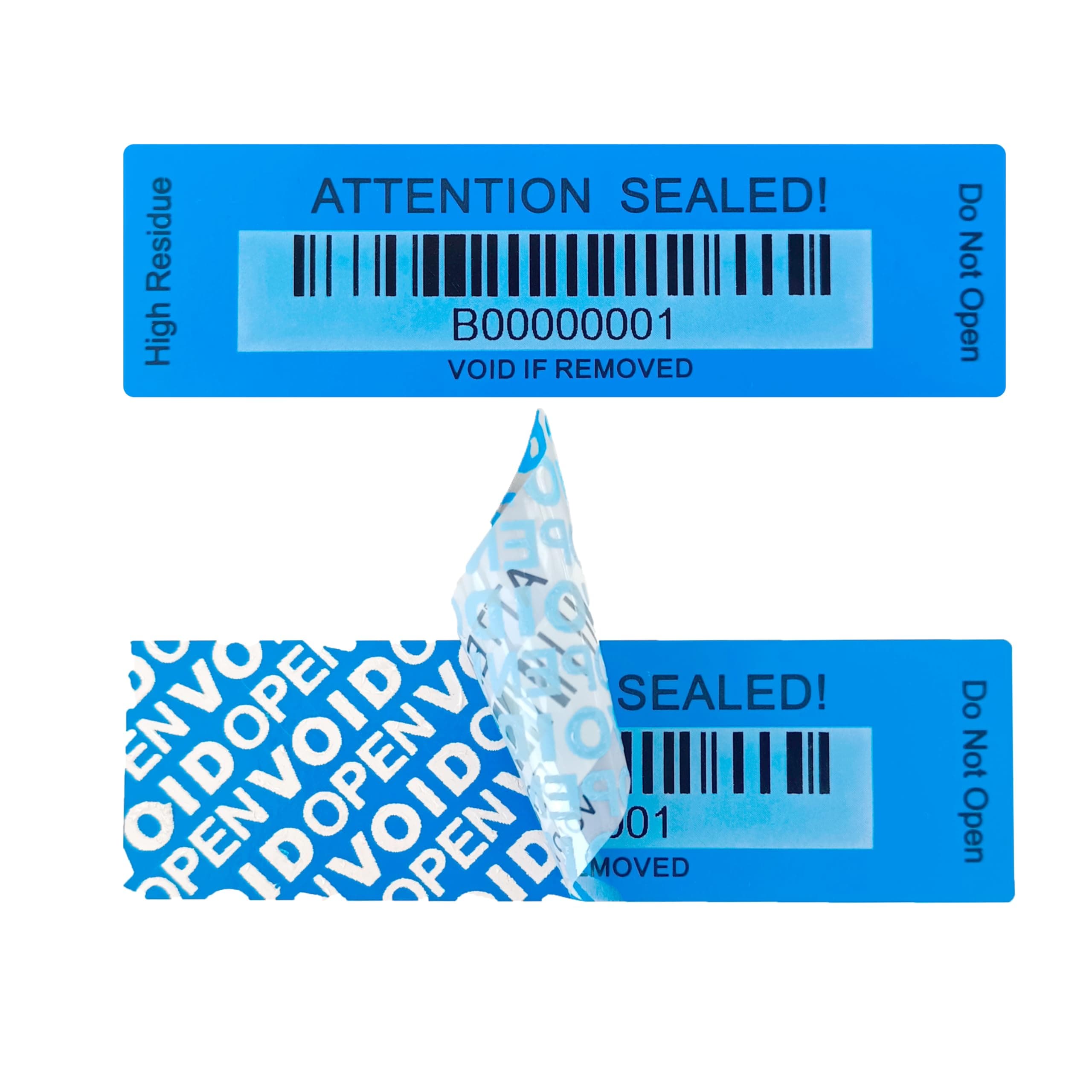 120 pcs Tamper Proof Label Sticker with Bar Code Total Transfer Security Warranty Void Seals/Stickers for Reusable Package with Serial Number(1 x 3.4Inches,Blue)