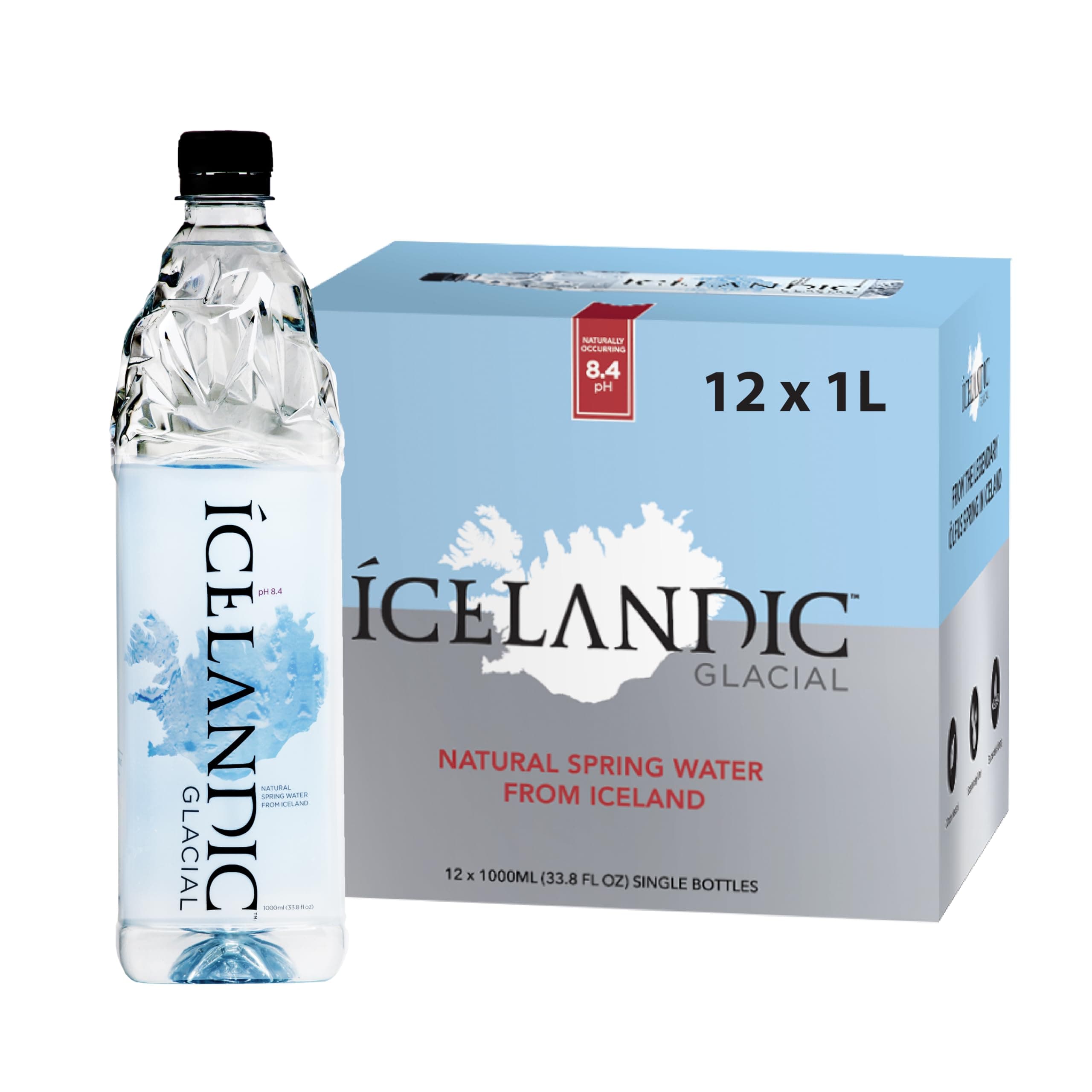 Premium Still Water 1 Litre Recycled PET Bottles x 12 Per Pack – Alkaline/Low PH, Recycled Packaging, BPA Free, Carbon Neutral from Icelandic Spring. Low TDS and Mineral Content