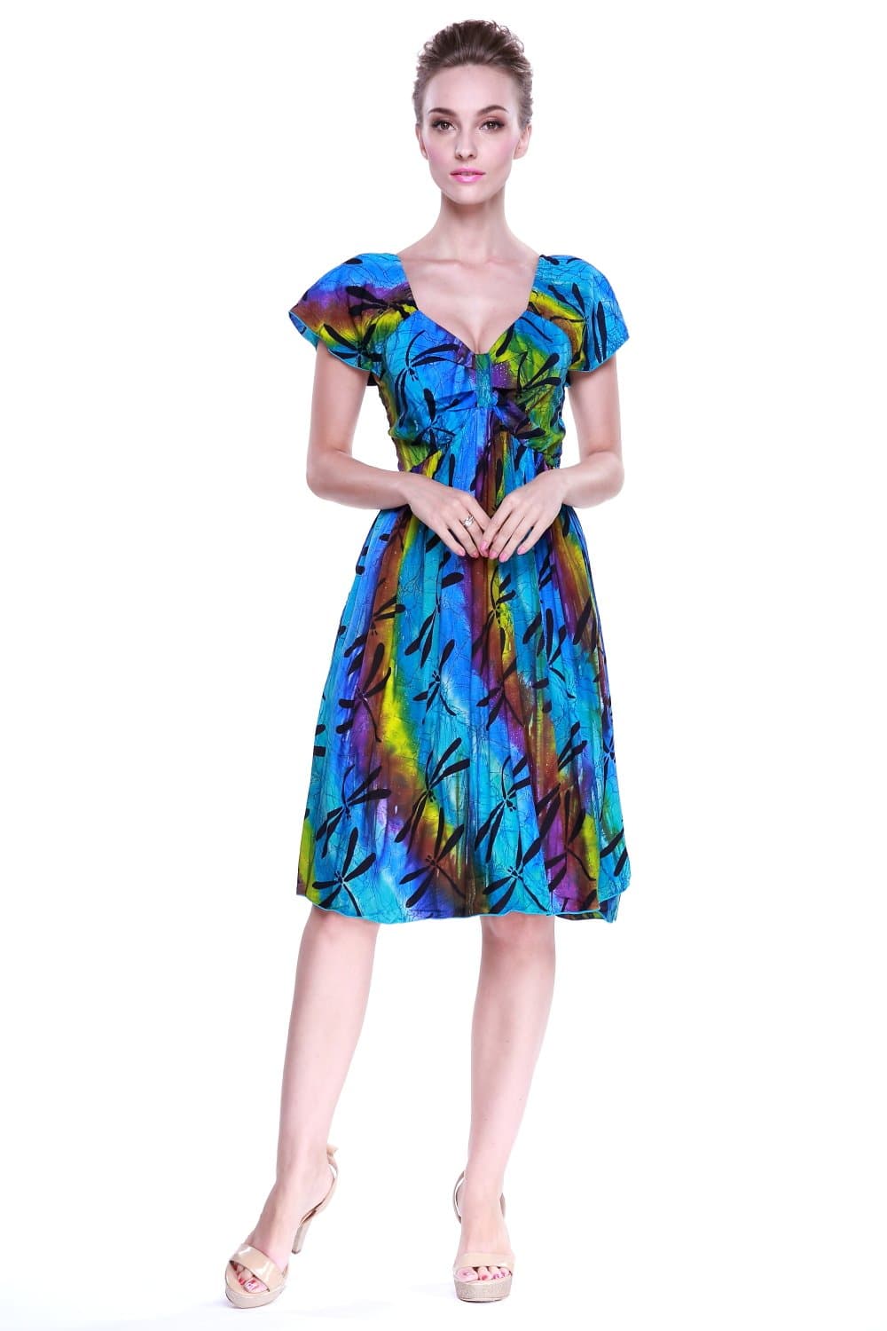 Women's Hawaiian Rahee Short Sleeve Dress Batik Blue Rainbow