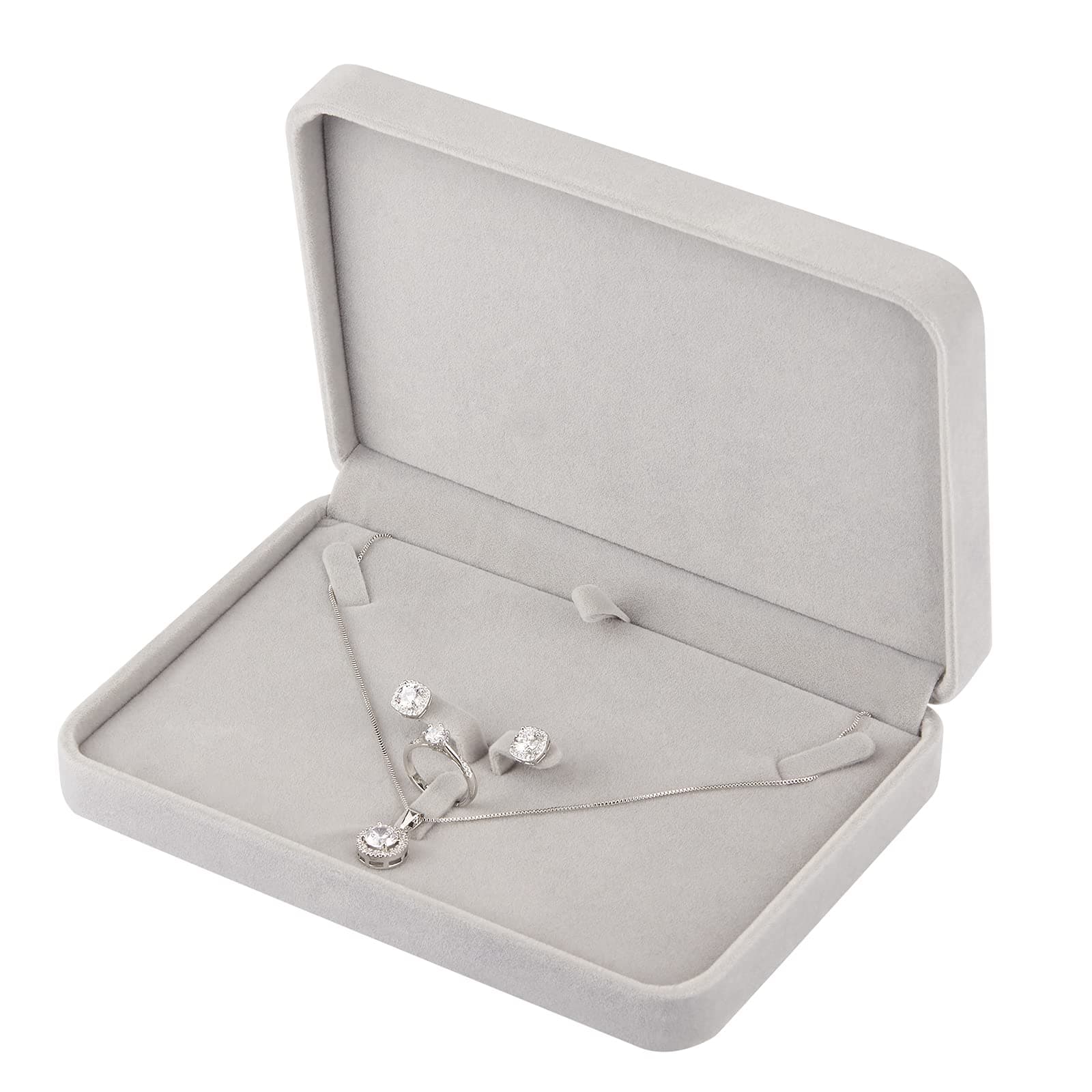 LETURE Large Velvet Jewelry Set Box, Big Necklace and Ring Earring Pendant Gift Box, Pearl/Chunky Necklace Jewelry Storage Case (Grey)