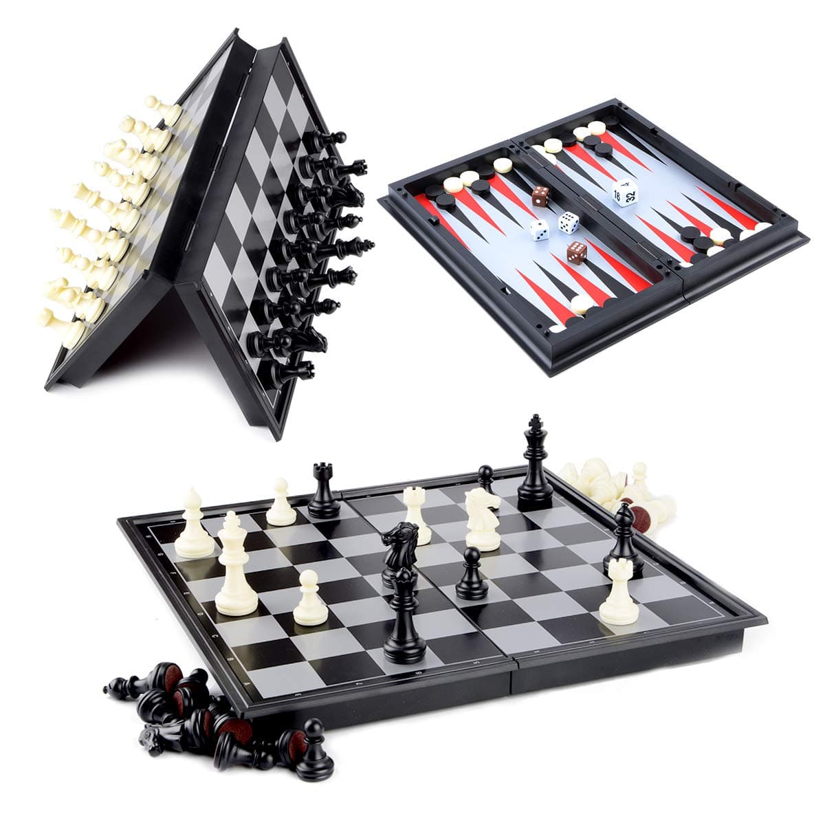 Hoshin Magnetic Chess Game, Chess/Ladies/Backgammon 3-in-1 Set, Portable, Foldable, Travel, Magnetic Chess Board (25 x 25 x 2 cm)