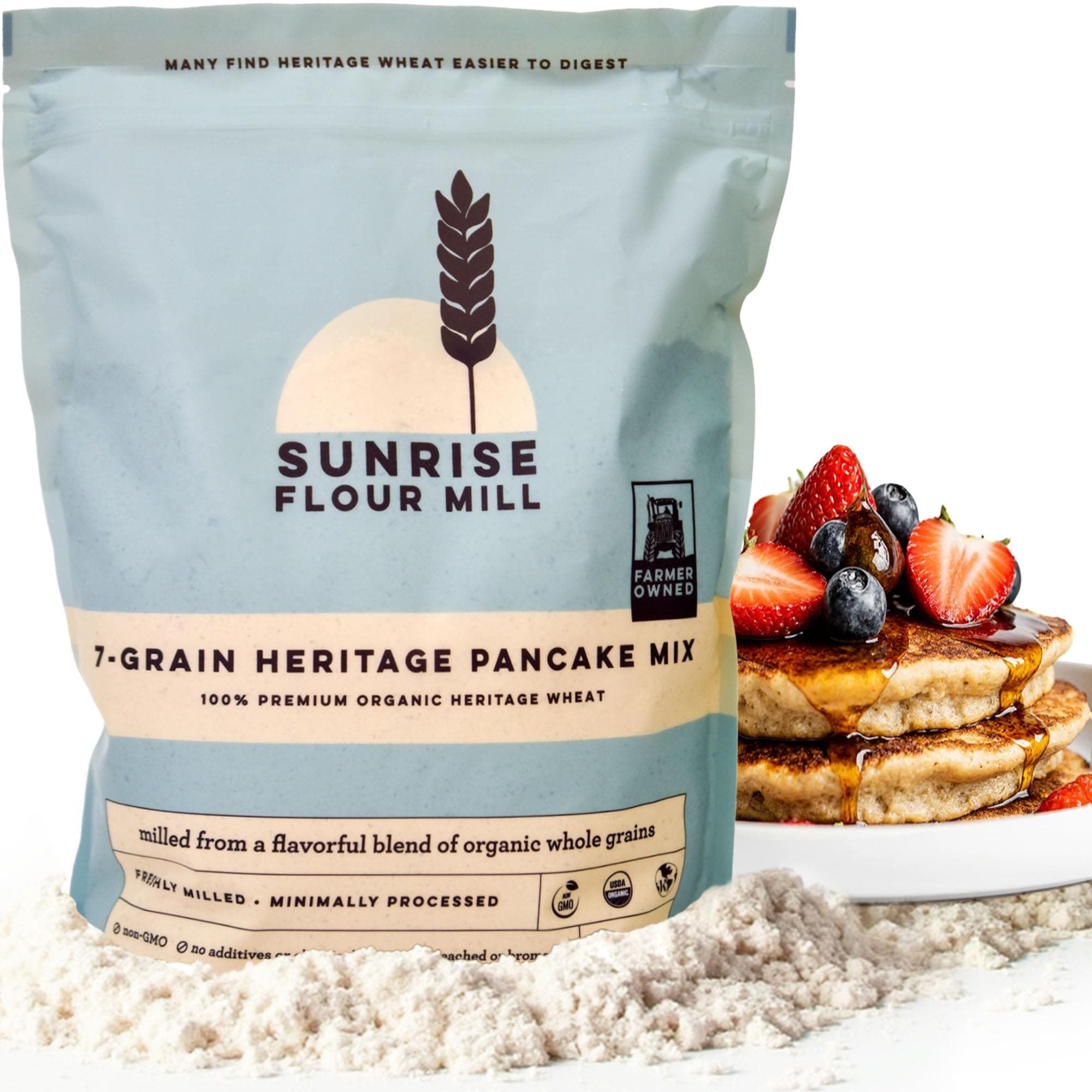 Sunrise Flour Mill USDA Organic 7-Grain Heritage Pancake Mix- 2 lbs | Enjoy Fluffy & Tasty Waffles | Easier to Digest with Less Bloating | Zero Additives