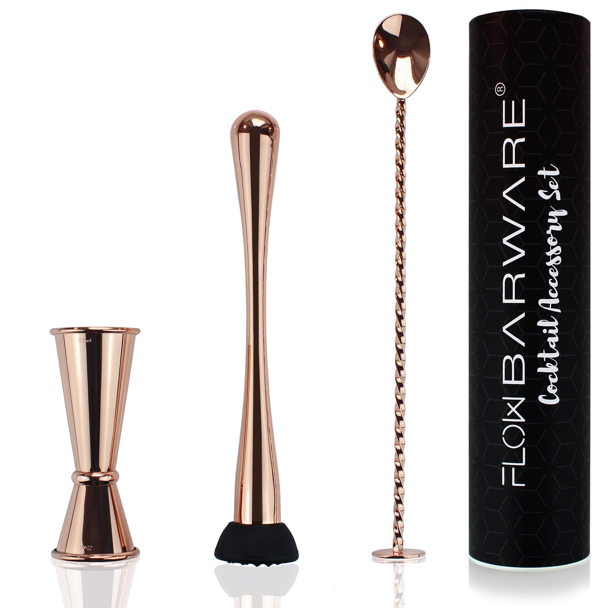 Copper Cocktail Accessory Set, Copper Japanese Double Ended Jigger, Copper Cocktail Mixing Spoon & Fruit Muddler. The Perfect Mixologists Bartender Gift Set by FLOW Barware