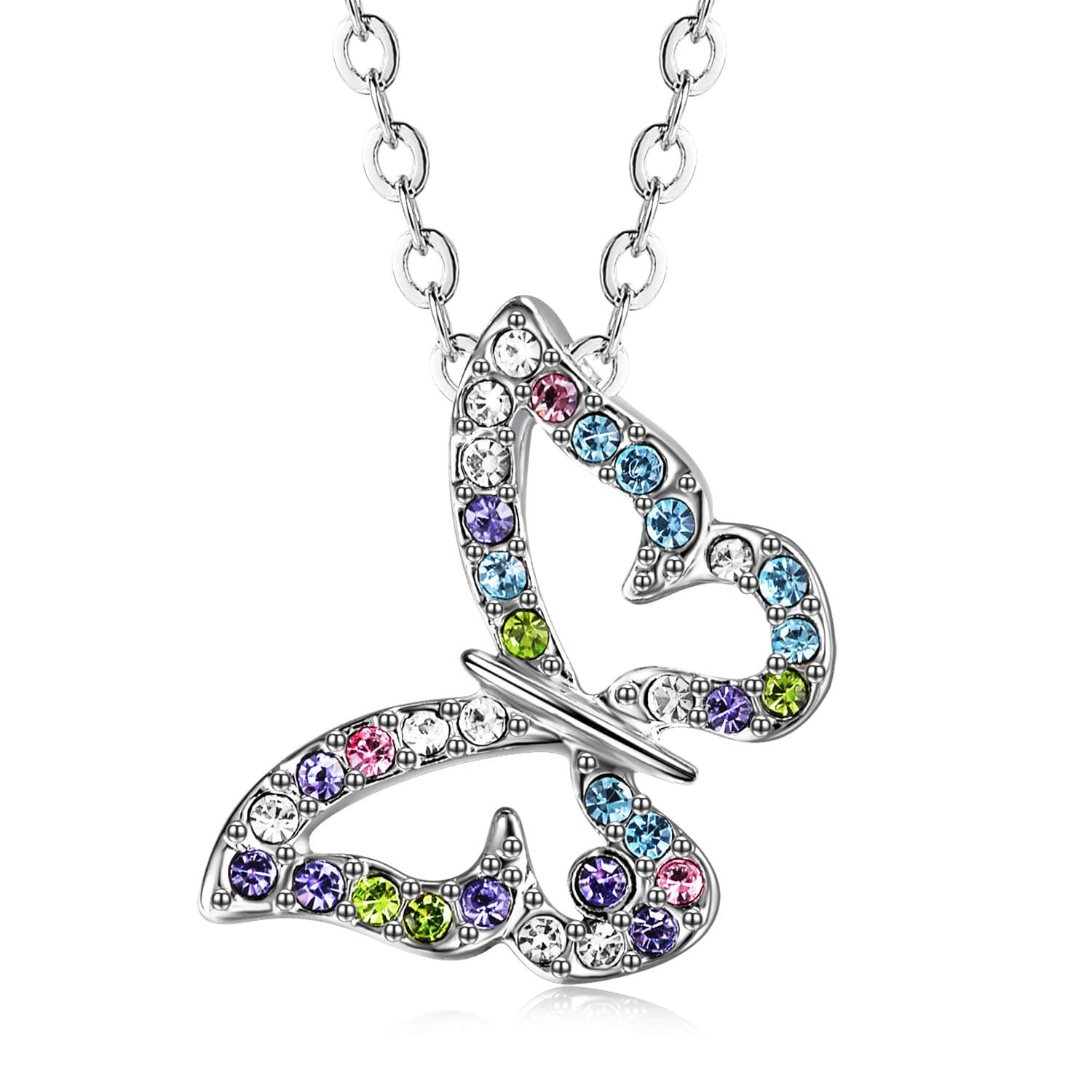 White Gold Plated Butterfly Multi-color AAAAA Austrian Crystal Cubic Zirconia Pendant Necklace for Women