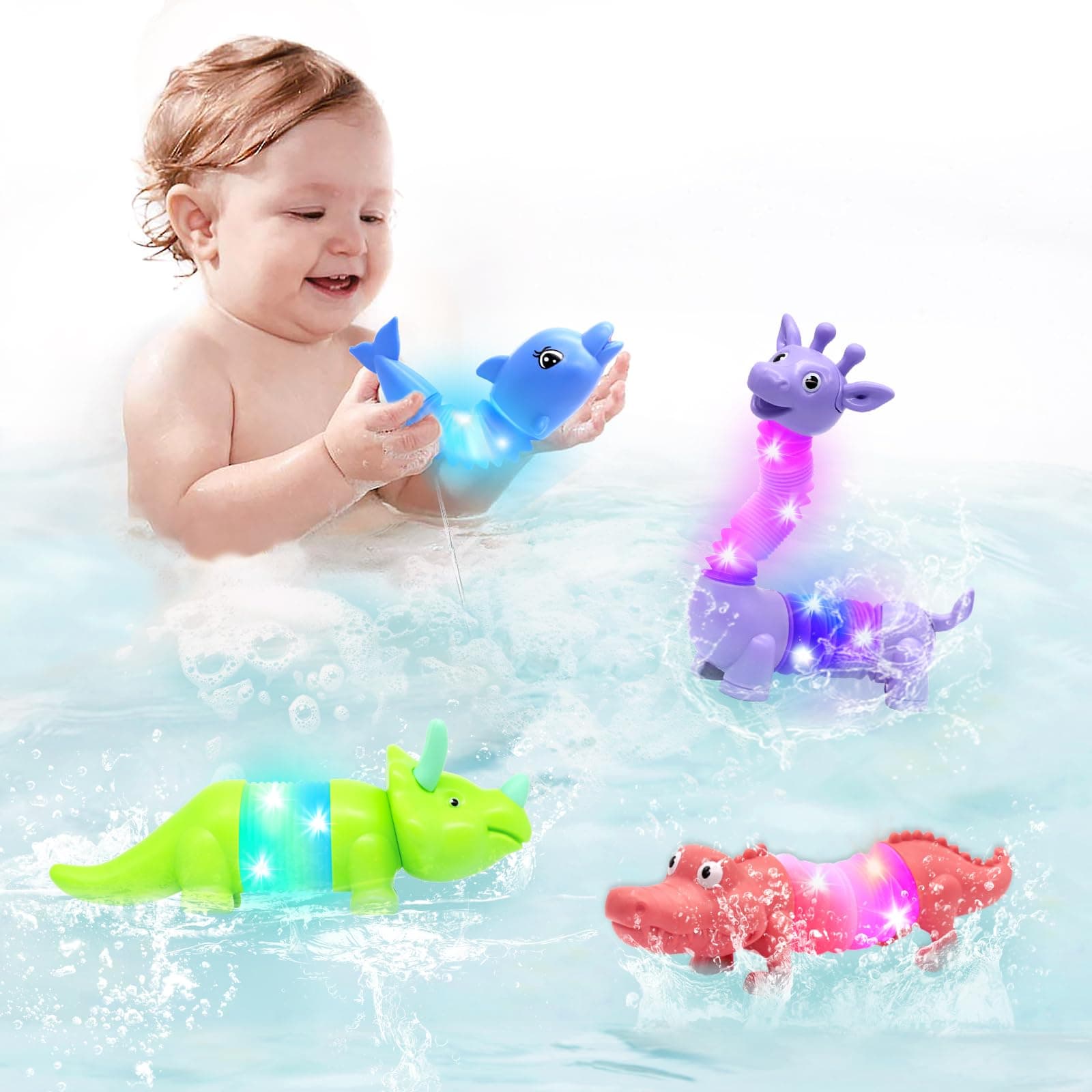 Bath Toys 4Packs Animal Shaped Pop Tubes Baby Bath Toys with LED Lights Floating Swimming Water Toys,Perfect for Bath Time Fun,Travel,Pool Play,Idea Gift for 3 4 5 year olds Toddlers and Kids
