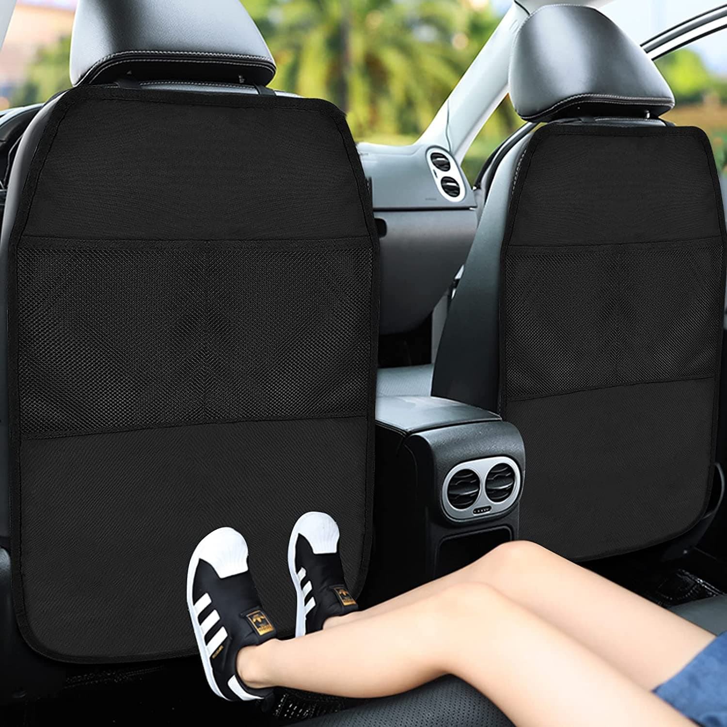 SYOSI Car Seat Kick Mats, Anti-Dirty Car Back Seat for Kids with Adjustable Strap, Car Seat Protector Cover with 2 Mesh Pockets for Protection of Your Car from Stain, Mud, Scratches 2 Packs, Black