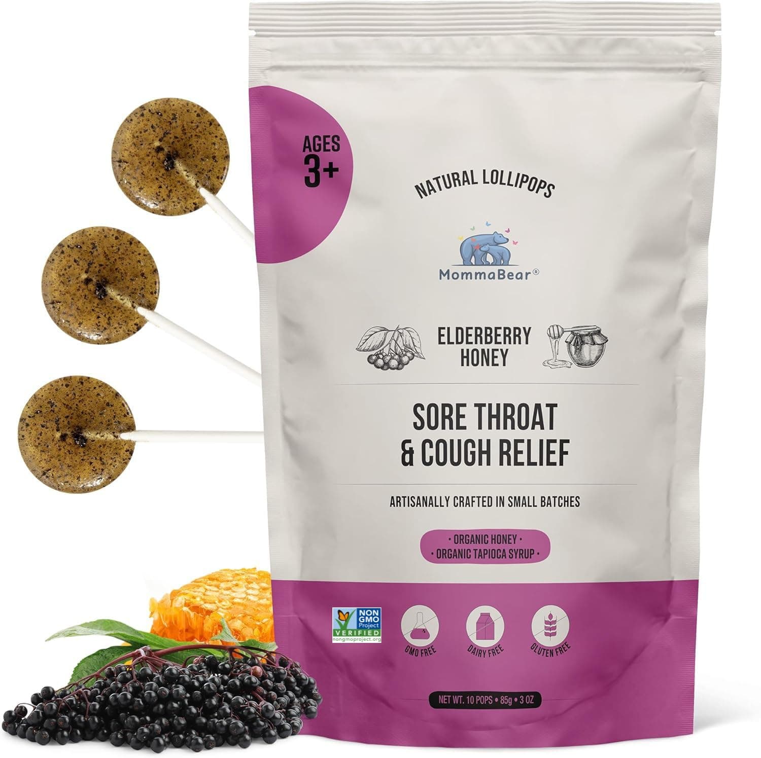 MommaBear Natural Sore Throat Care Lollipops – Elderberry & Honey Kids Cough Lollipops – Organic Sick Essentials Lolli Treats, No Artificial Additives – Tightly Sealed for Freshness (10 Pack)