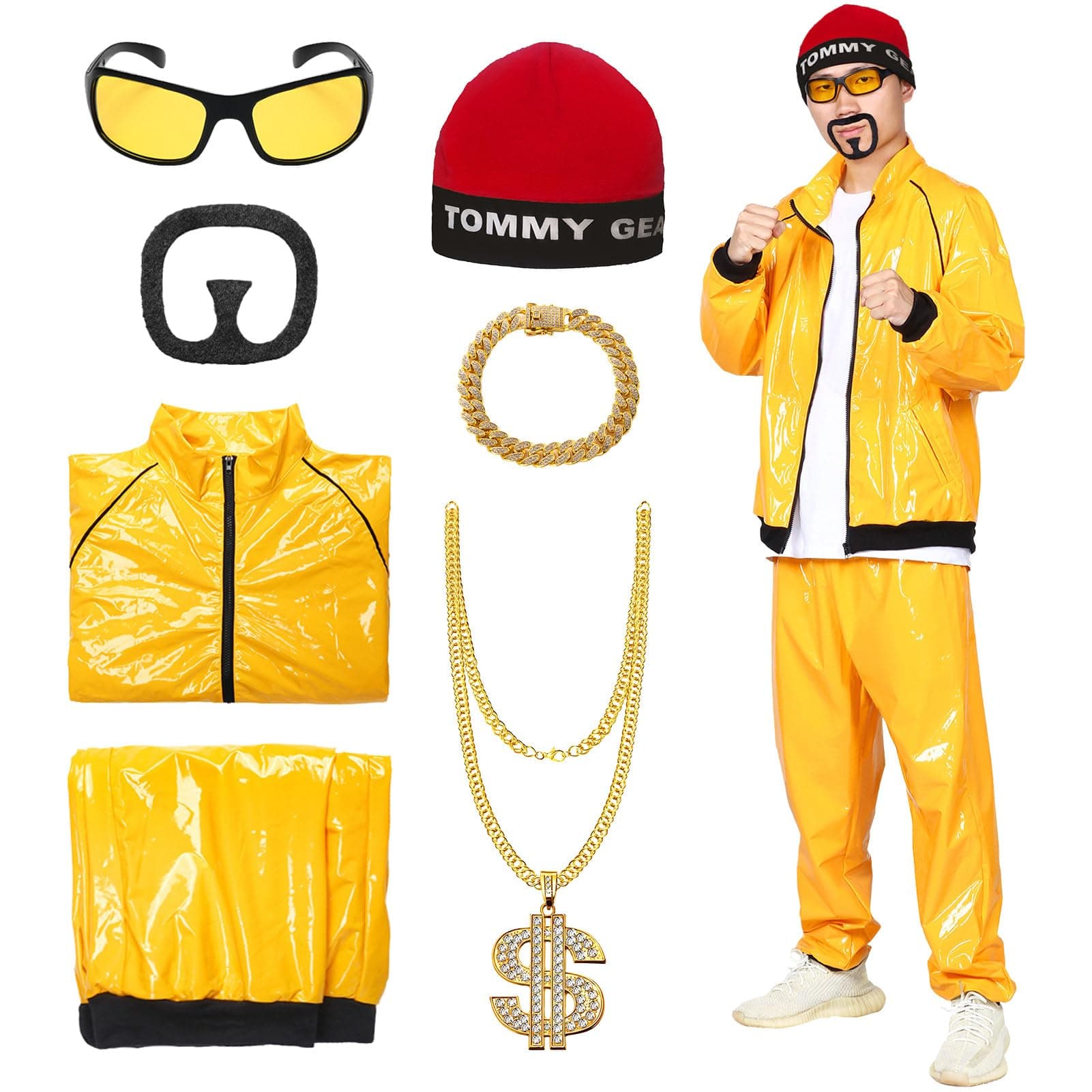 90s Fancy Dress Costumes for Adults,80's 90's Yellow Shell Set,Ali g Costume,Funny Rapper Outfit with Necklace Glasses Beard 6 Pcs Set for Mardi Gras Halloween Party