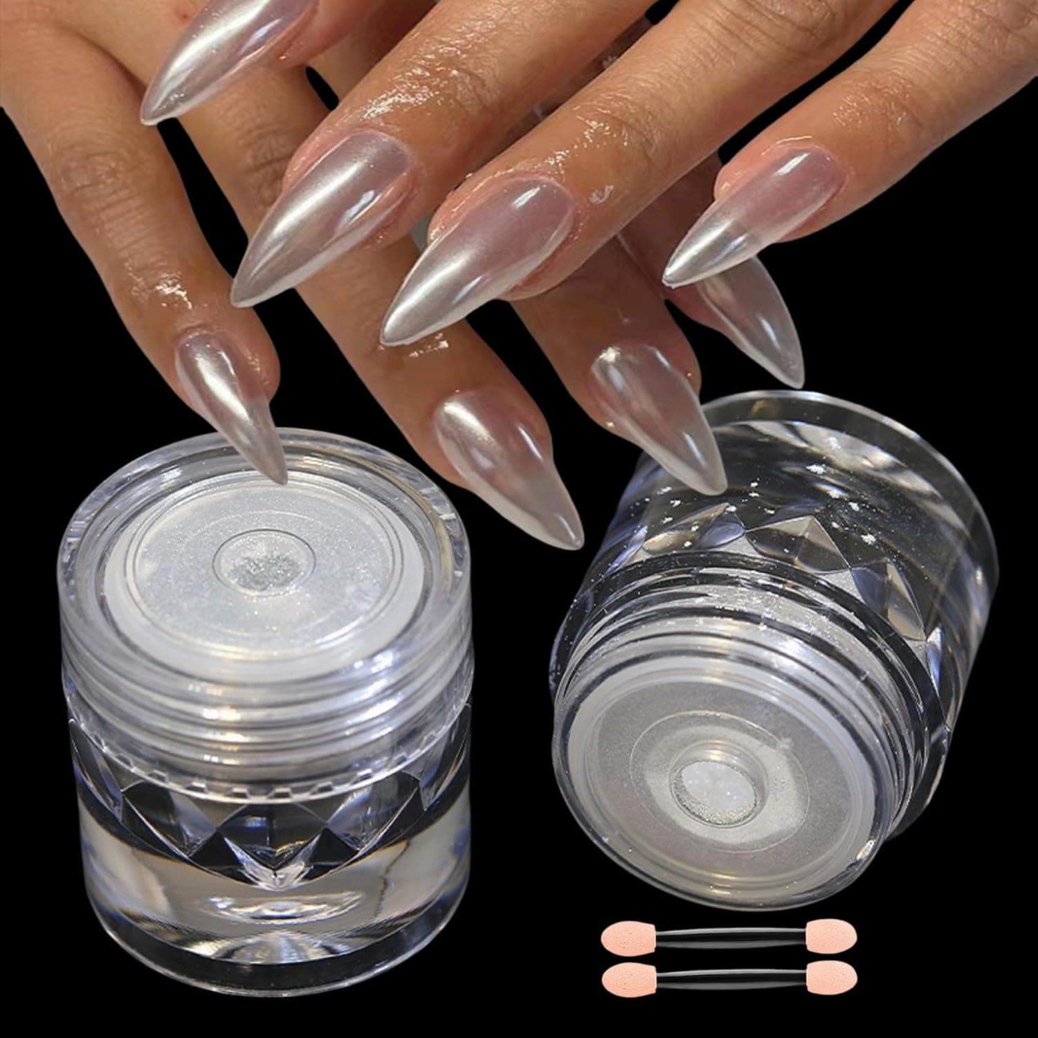 2Pcs White Chrome Nail Powder Moonlight Pearl Powder for Nails, Magic Clear Pearlescent Aurora Mirror Effect Gel Nail Glitter Powder Nails Art Design