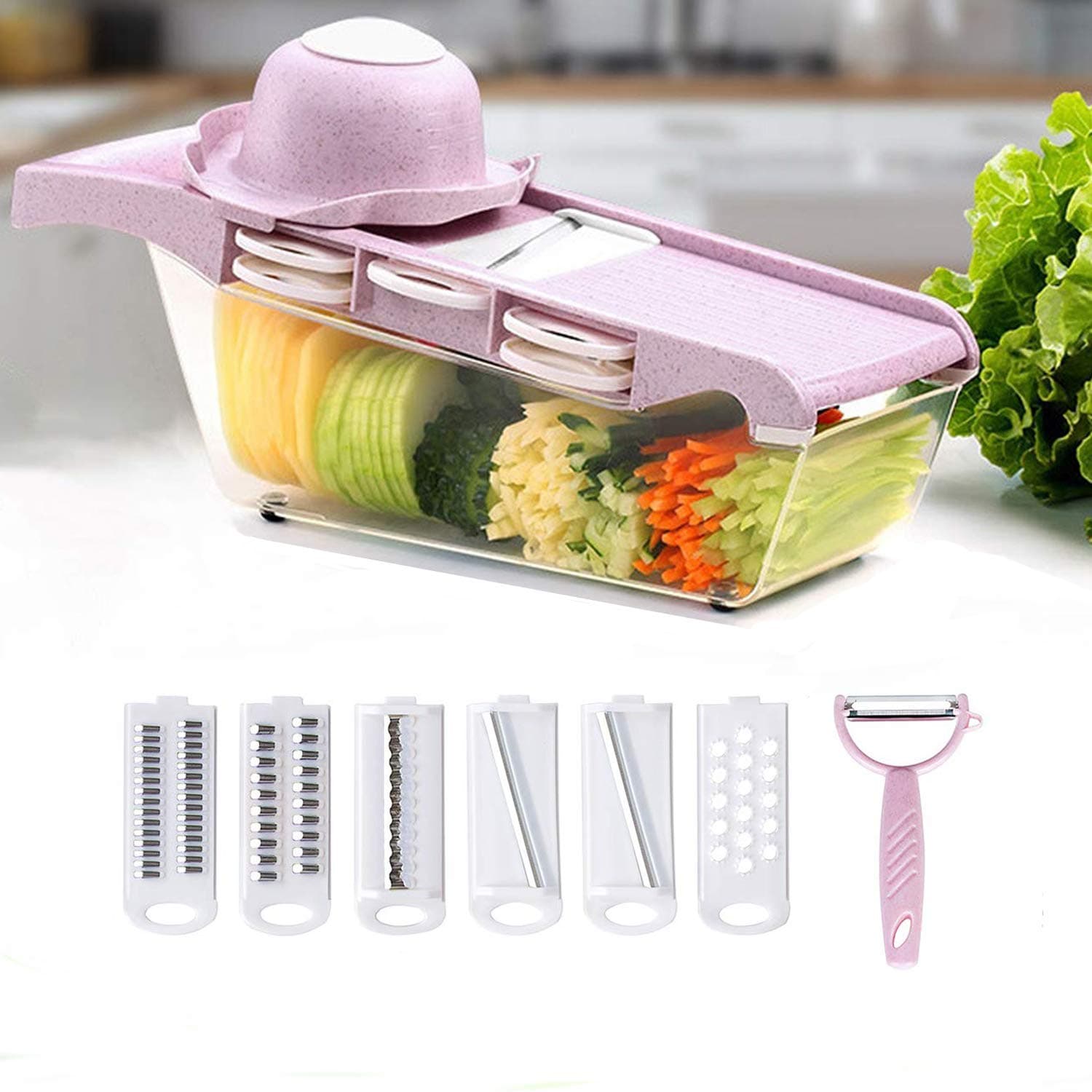 Mandoline Vegetable Slicer Cutter, Food Slicer Kitchen Vegetable Cutter 6 pieces Interchangeable Blades with Peeler,Hand Protector,Food Storage, Potato,Tomato,Onion,Cheese,Vegetable Chopper